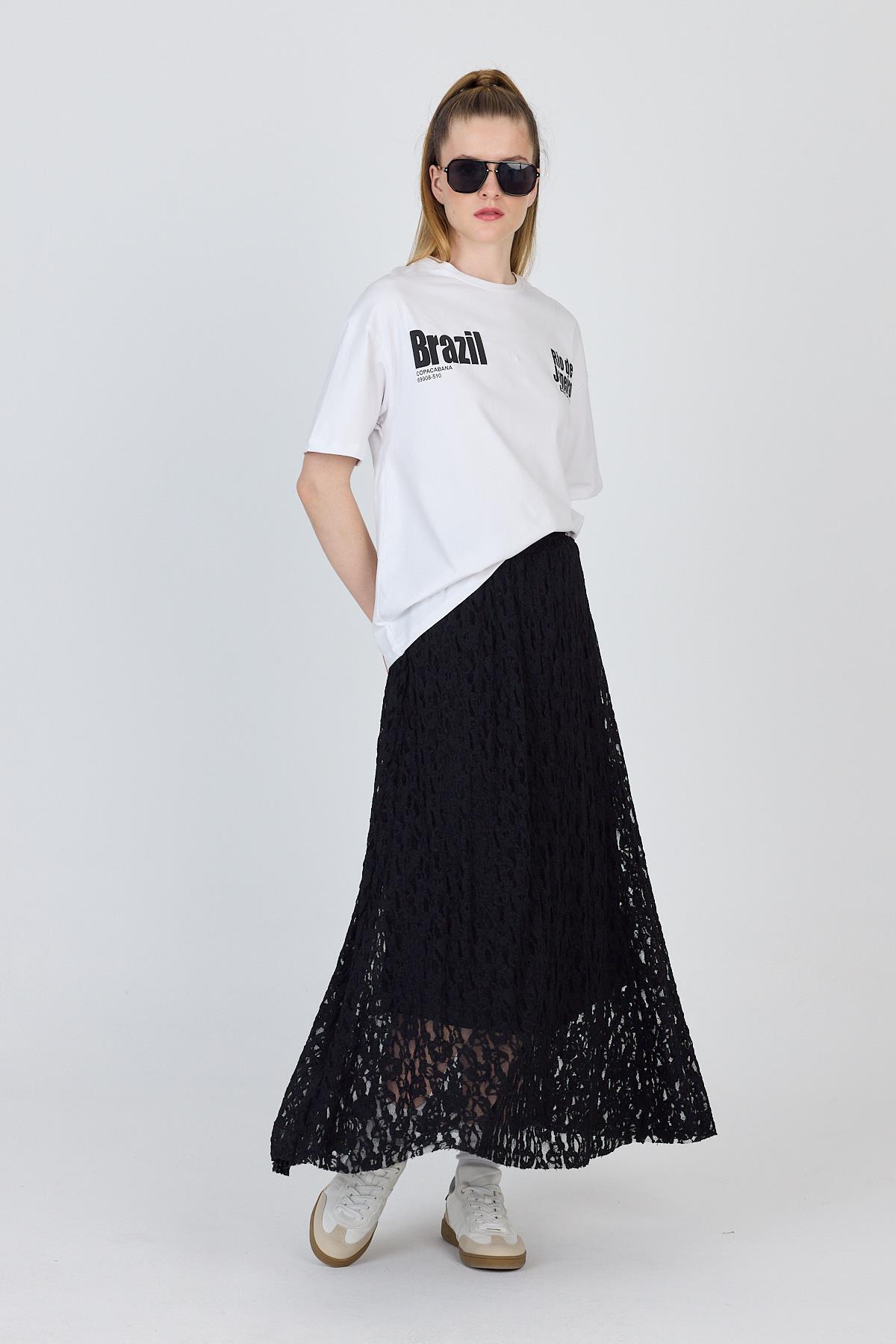 Siyah Dantel Detaylı Astarlı Etek 2582 - 6