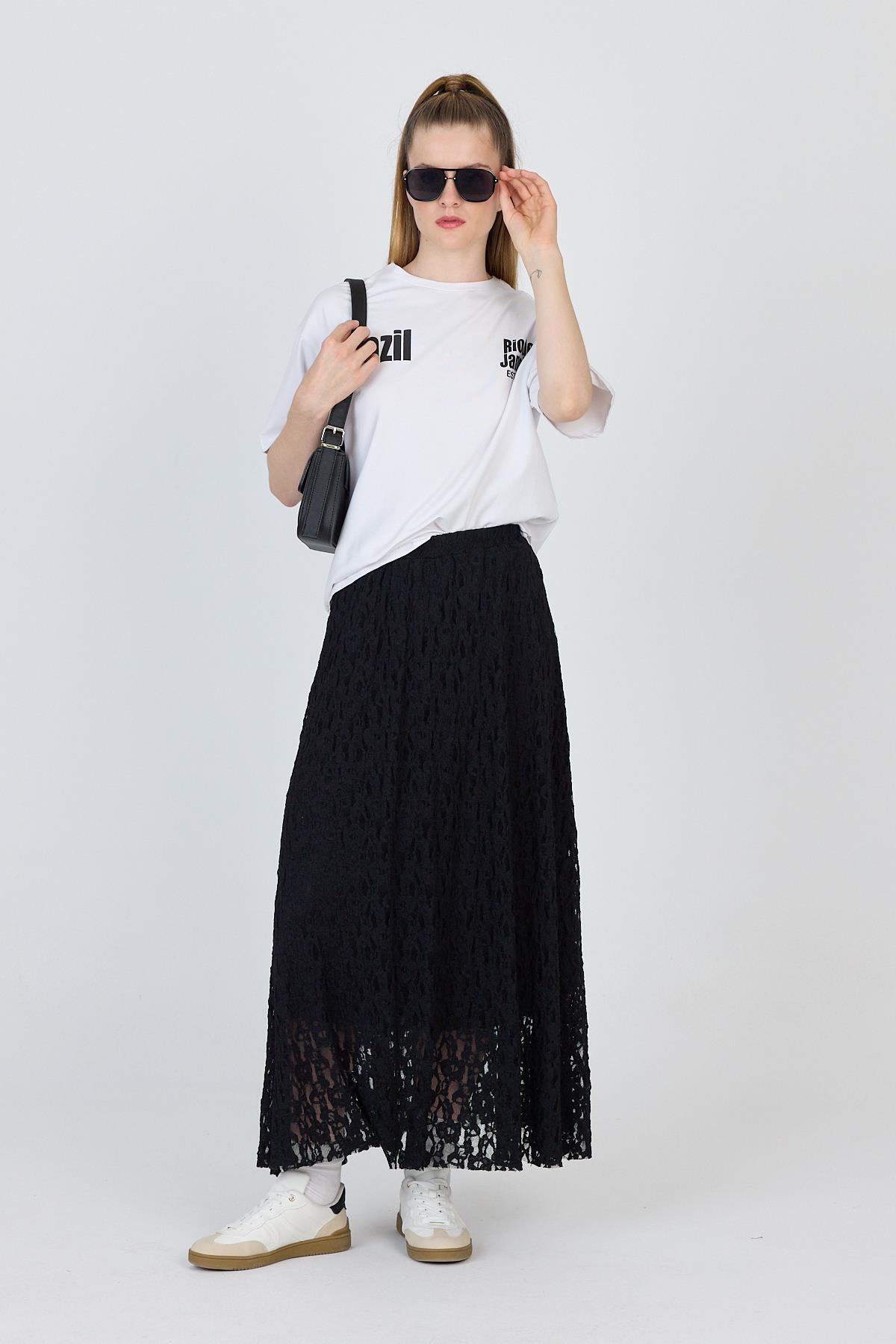 Siyah Dantel Detaylı Astarlı Etek 2582 - 8