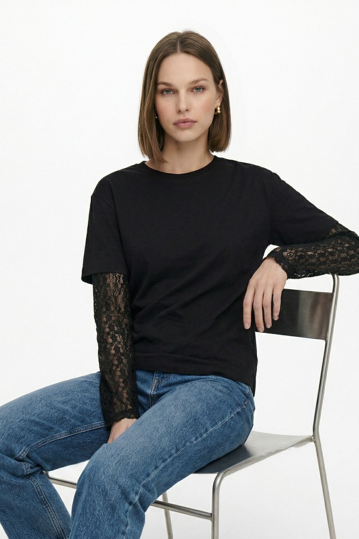 Siyah Dantel Uzun Kol Tişört 12006 - 1