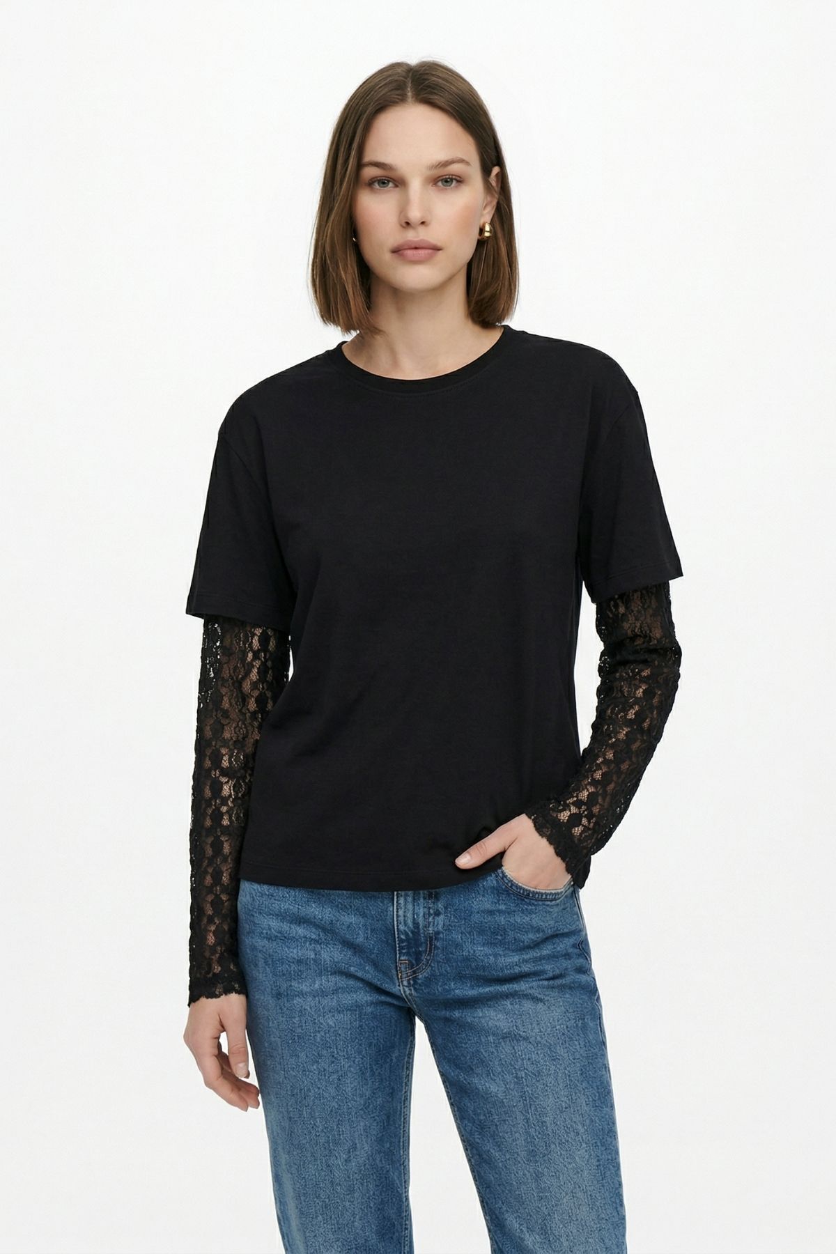 Siyah Dantel Uzun Kol Tişört 12006 - 2