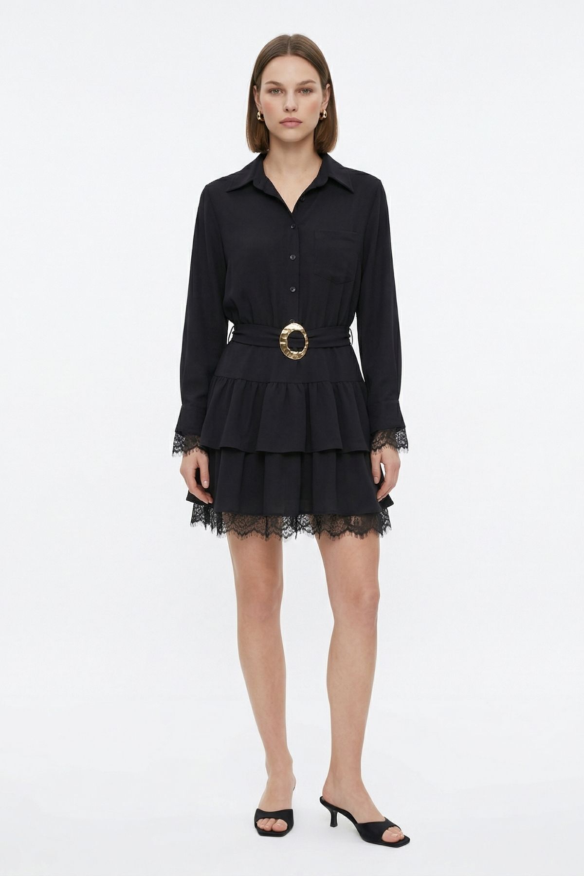 Siyah Dantelli Kemer Detay Elbise 35518 - 1