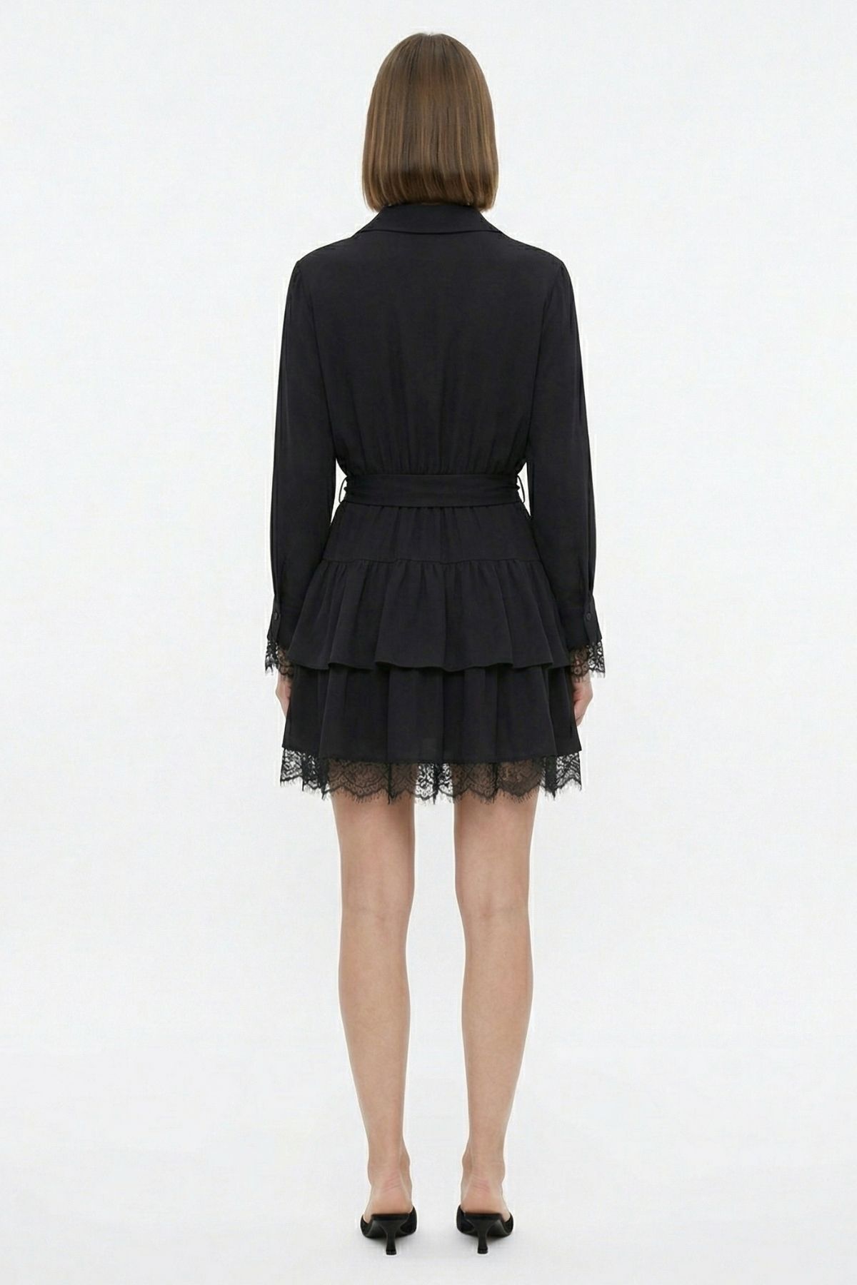 Siyah Dantelli Kemer Detay Elbise 35518 - 3