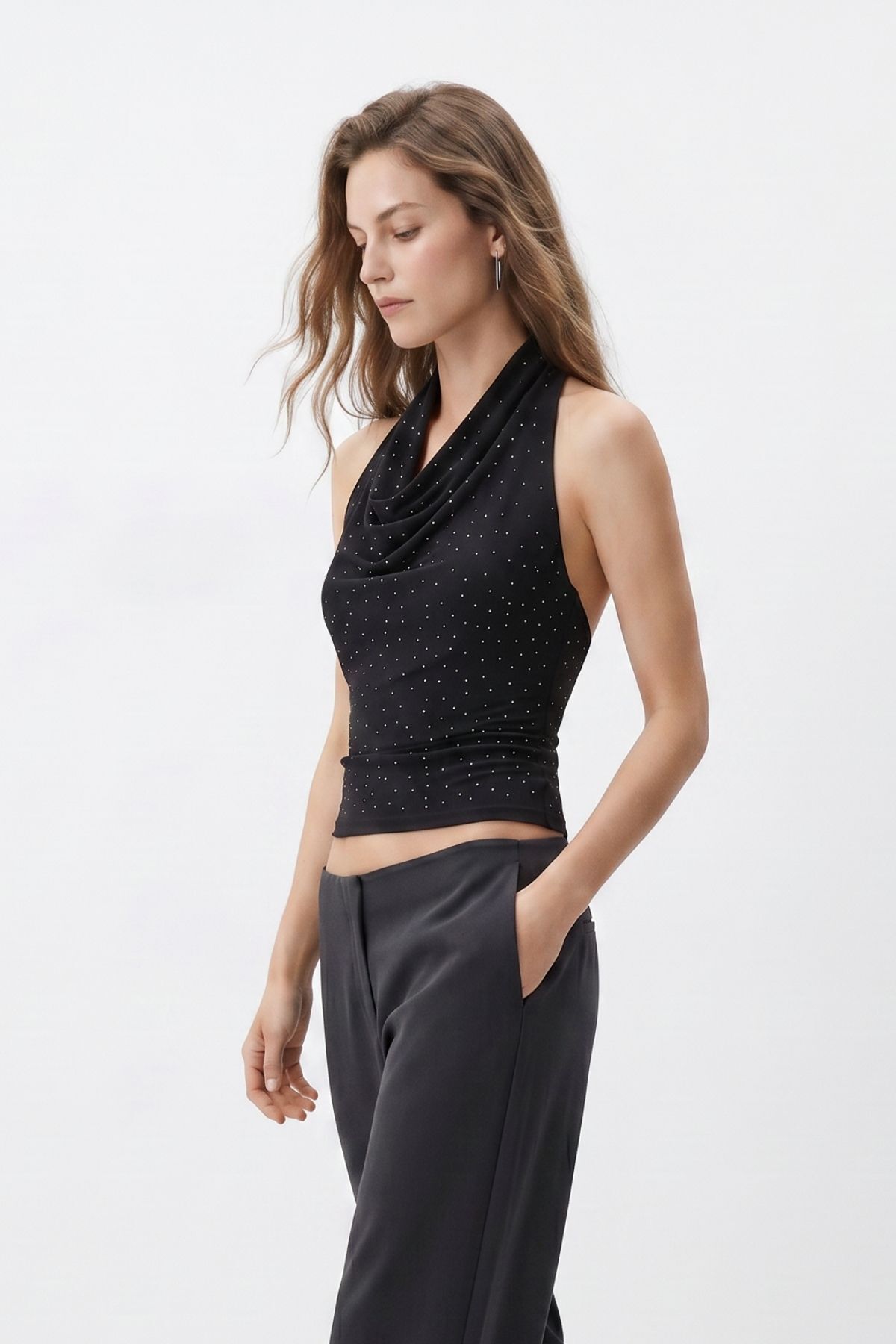 Siyah Degaje Halter Yaka Taşlı Bluz 2738 - RAYS