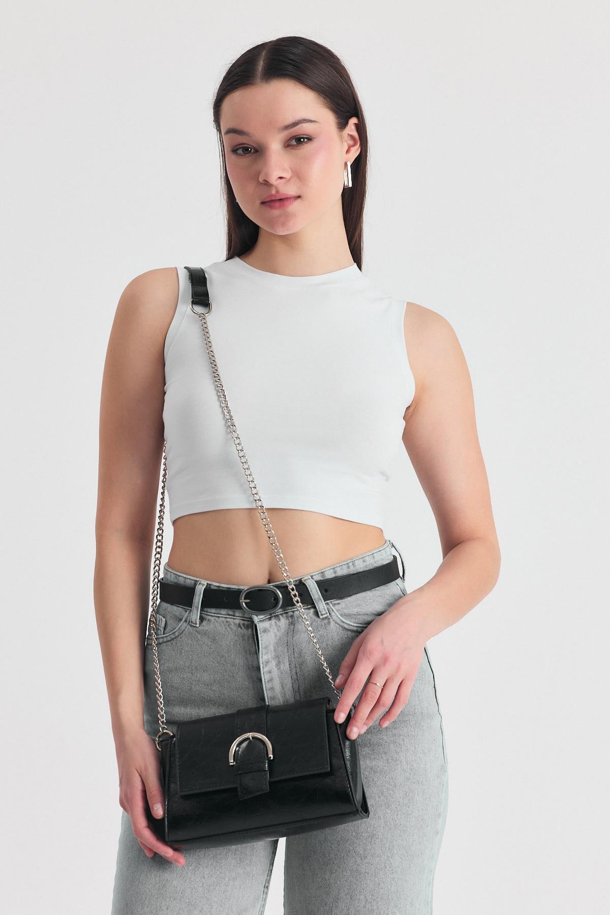 Siyah Deri Görünümlü Omuz Çantası 3023 - 2