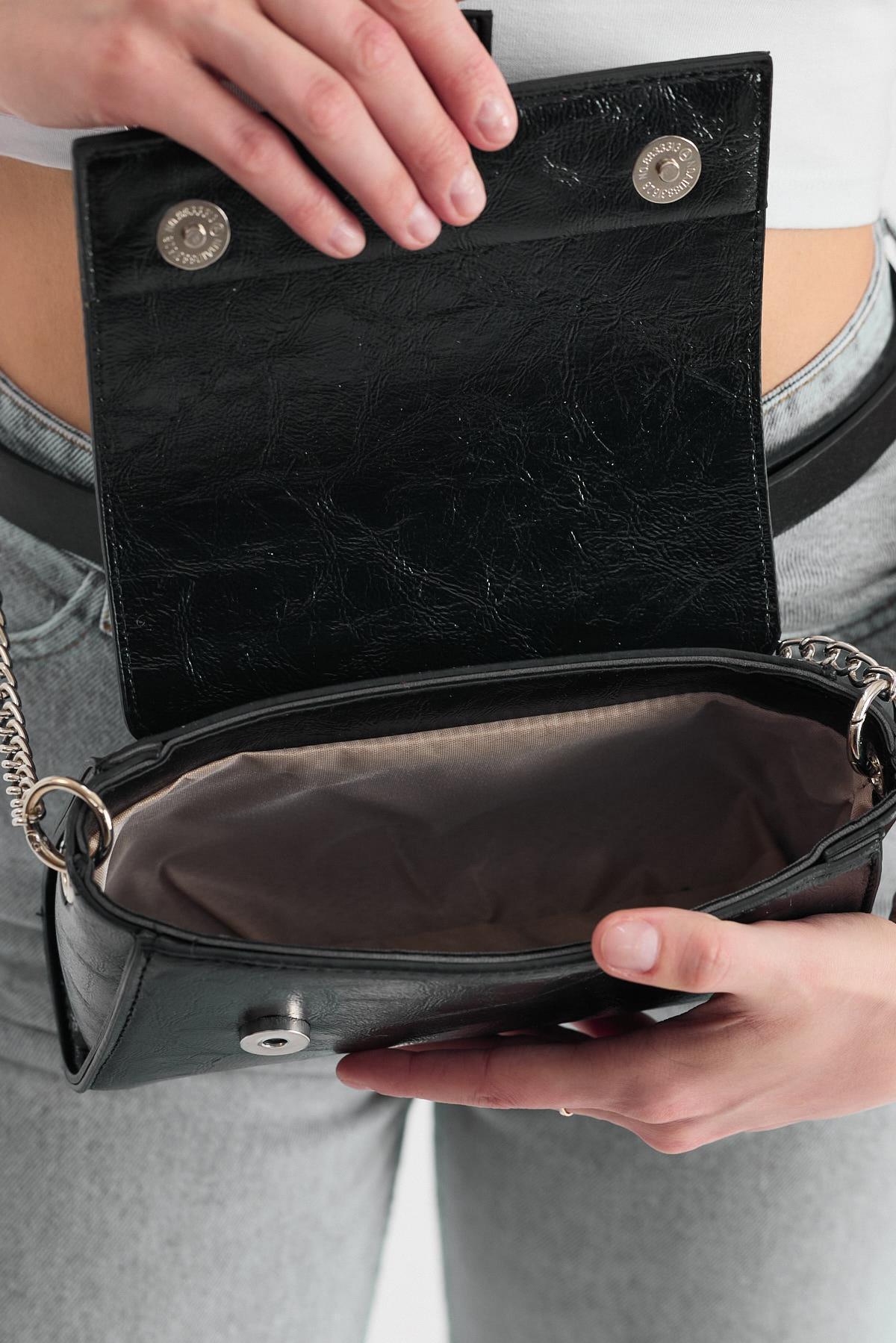 Siyah Deri Görünümlü Omuz Çantası 3023 - 4