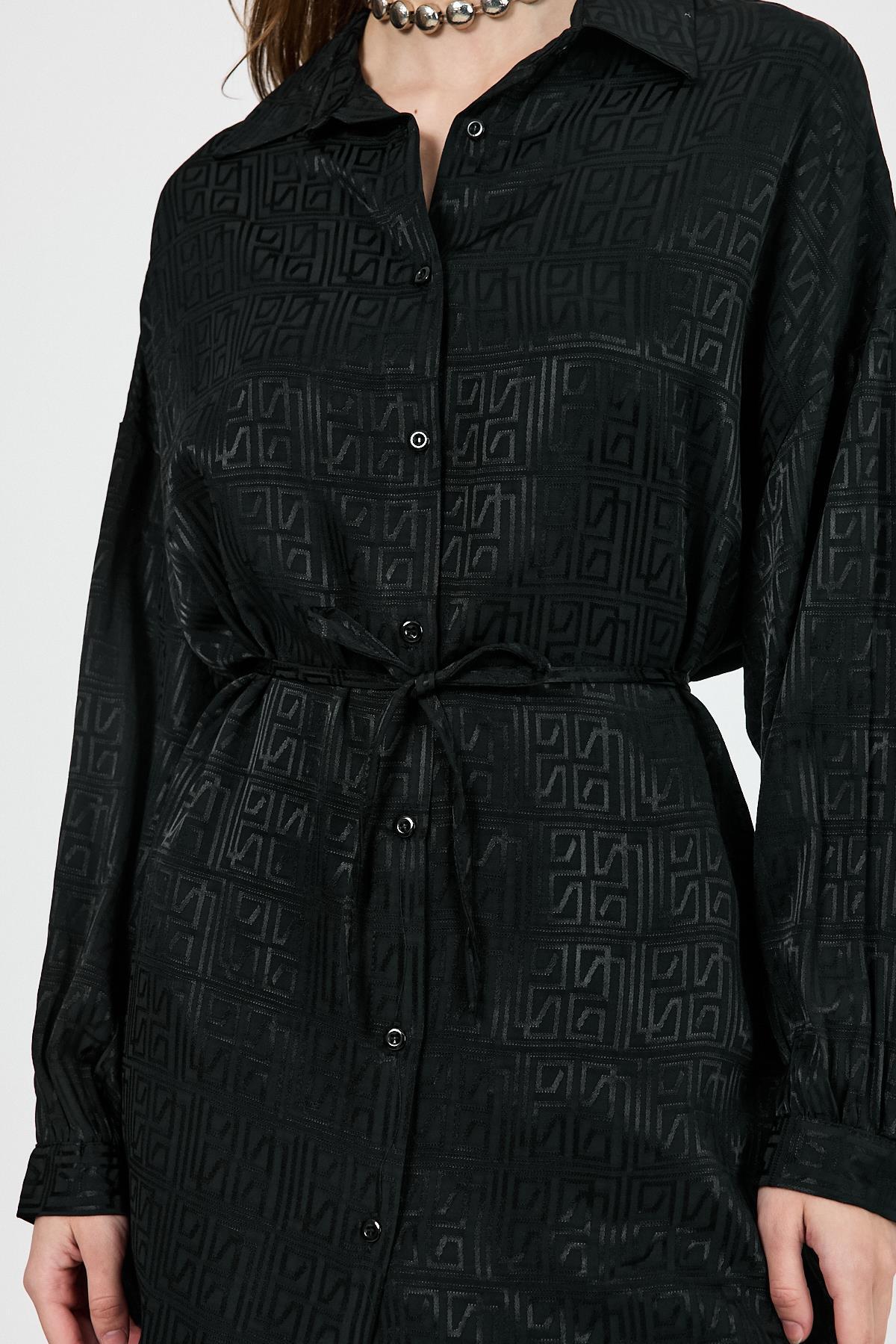 Siyah Desenli Saten Görünümlü İp Bağlama Detaylı Gömlek 4293A - 6
