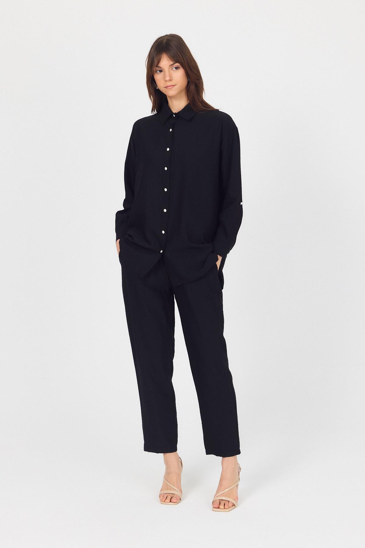 Siyah Dokuma Gömlek Pantolon İkili Takım 4607A - 1