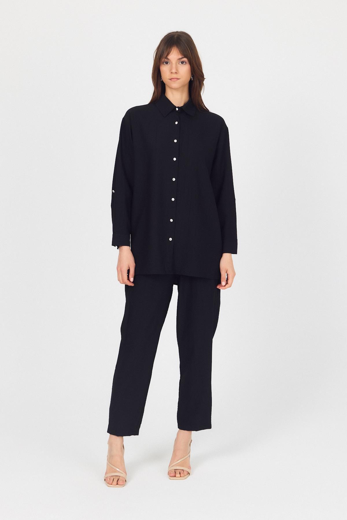 Siyah Dokuma Gömlek Pantolon İkili Takım 4607A - 8