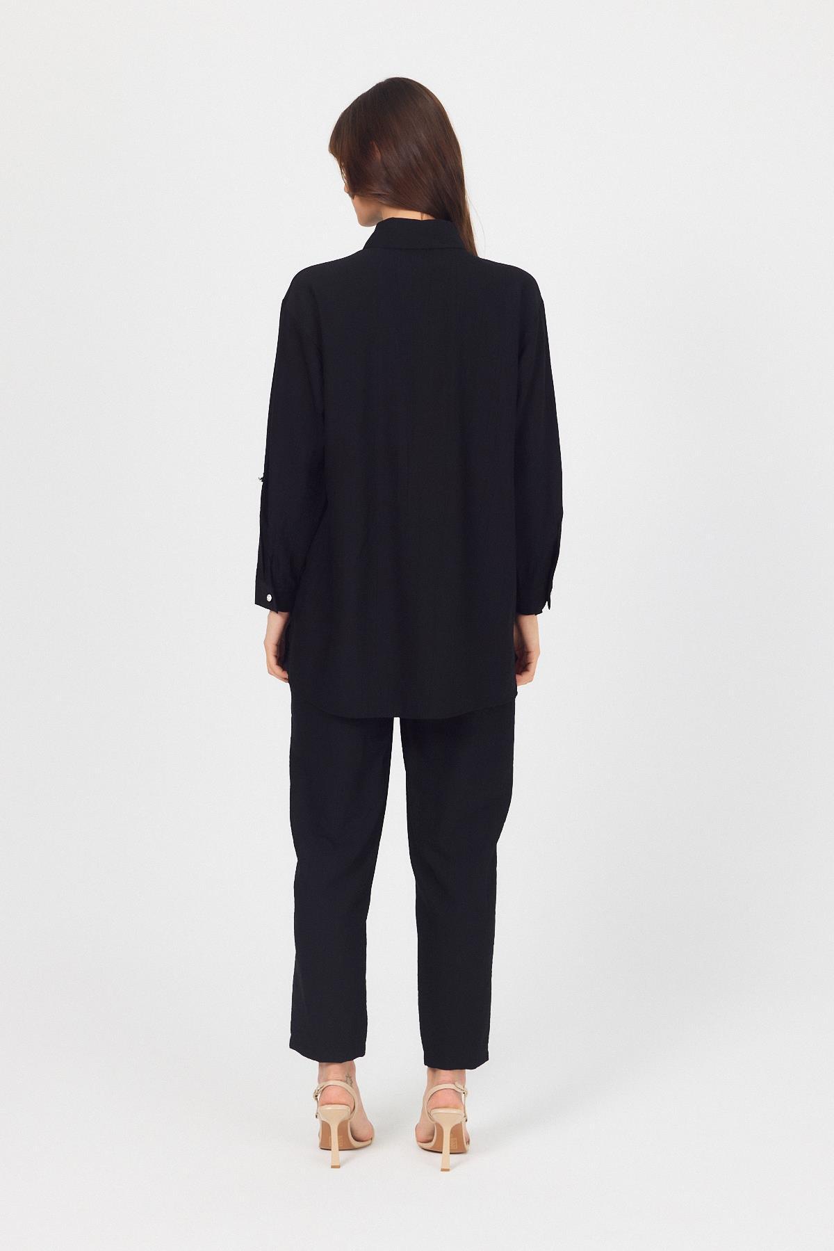 Siyah Dokuma Gömlek Pantolon İkili Takım 4607A - 5