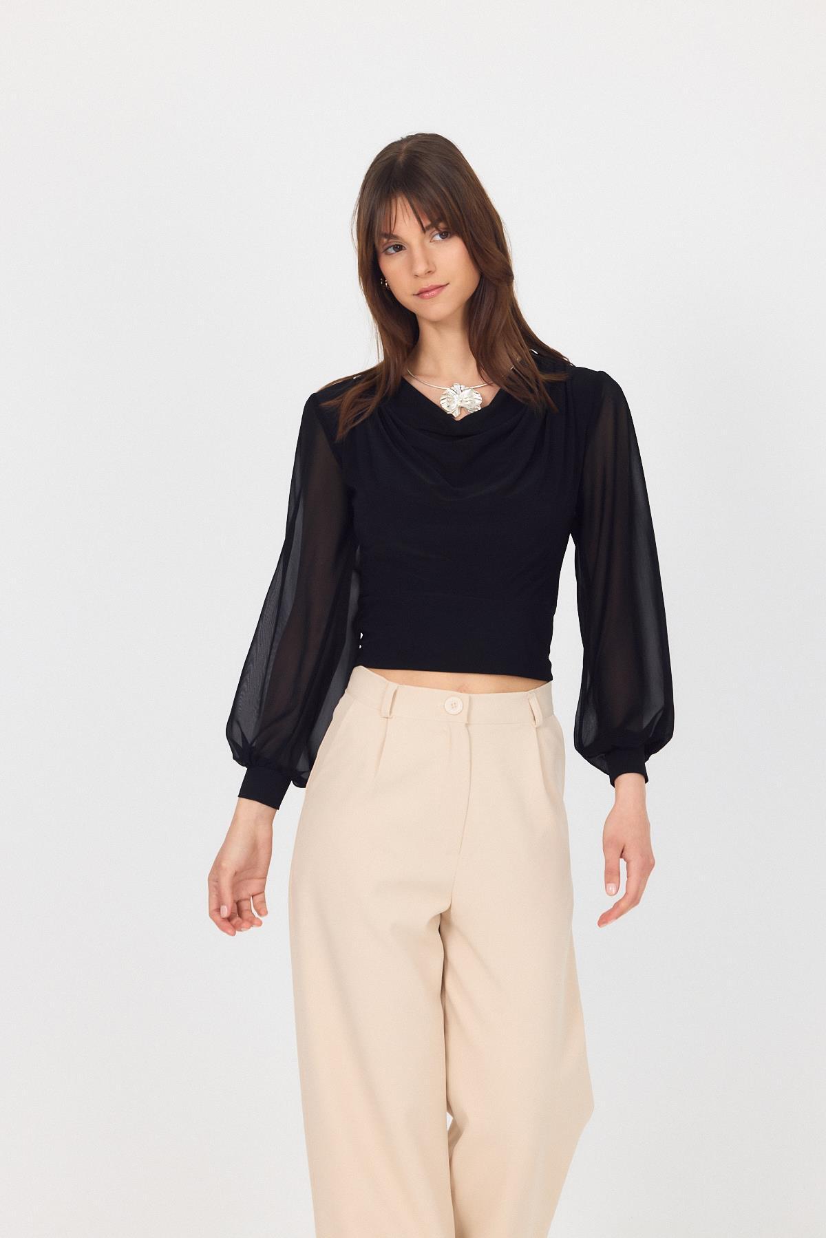 Siyah Drapeli Tül Kol Detaylı Bluz 9474 - RAYS