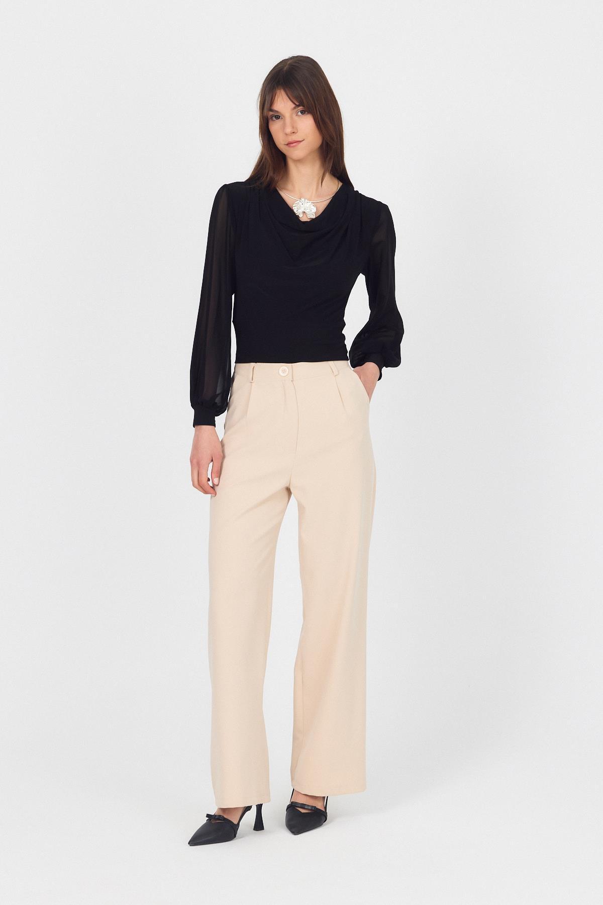 Siyah Drapeli Tül Kol Detaylı Bluz 9474 - RAYS