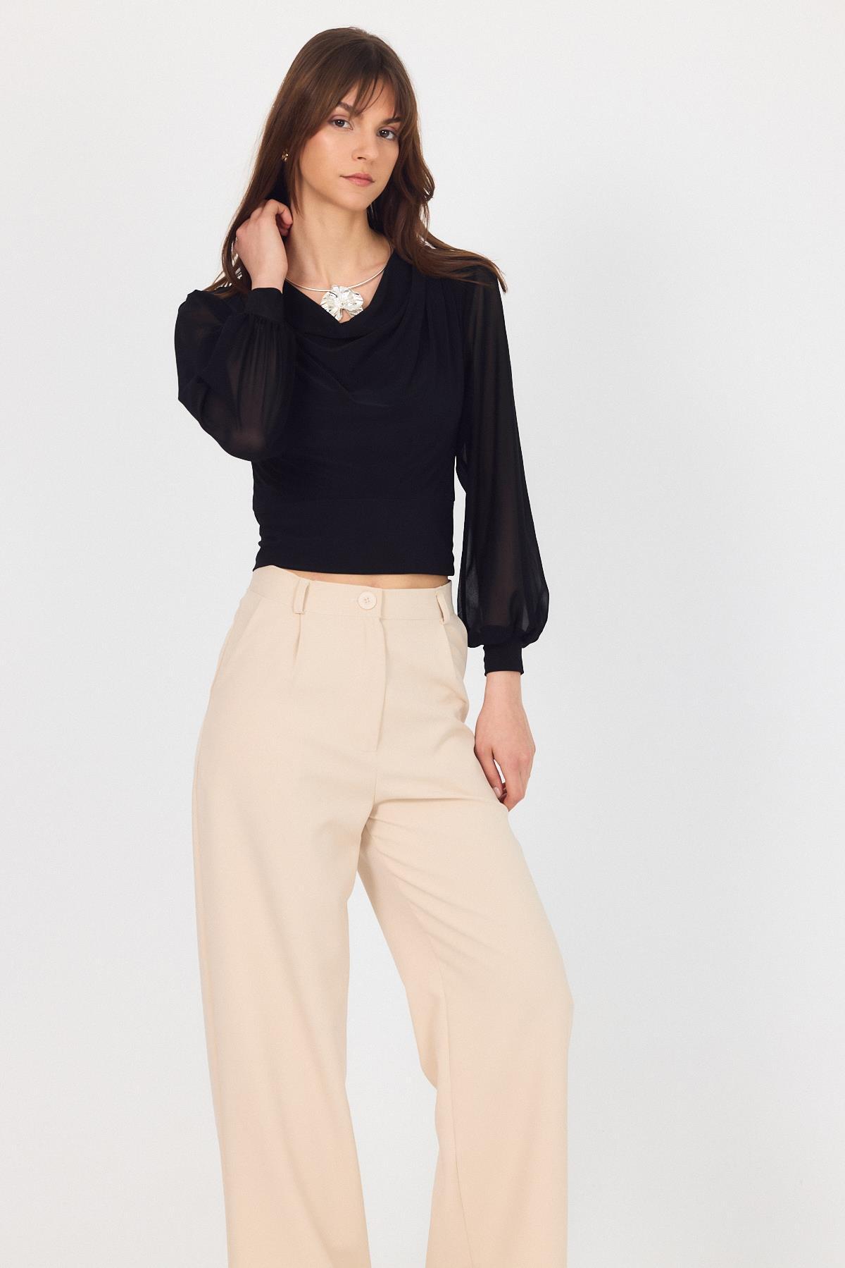 Siyah Drapeli Tül Kol Detaylı Bluz 9474 - 4