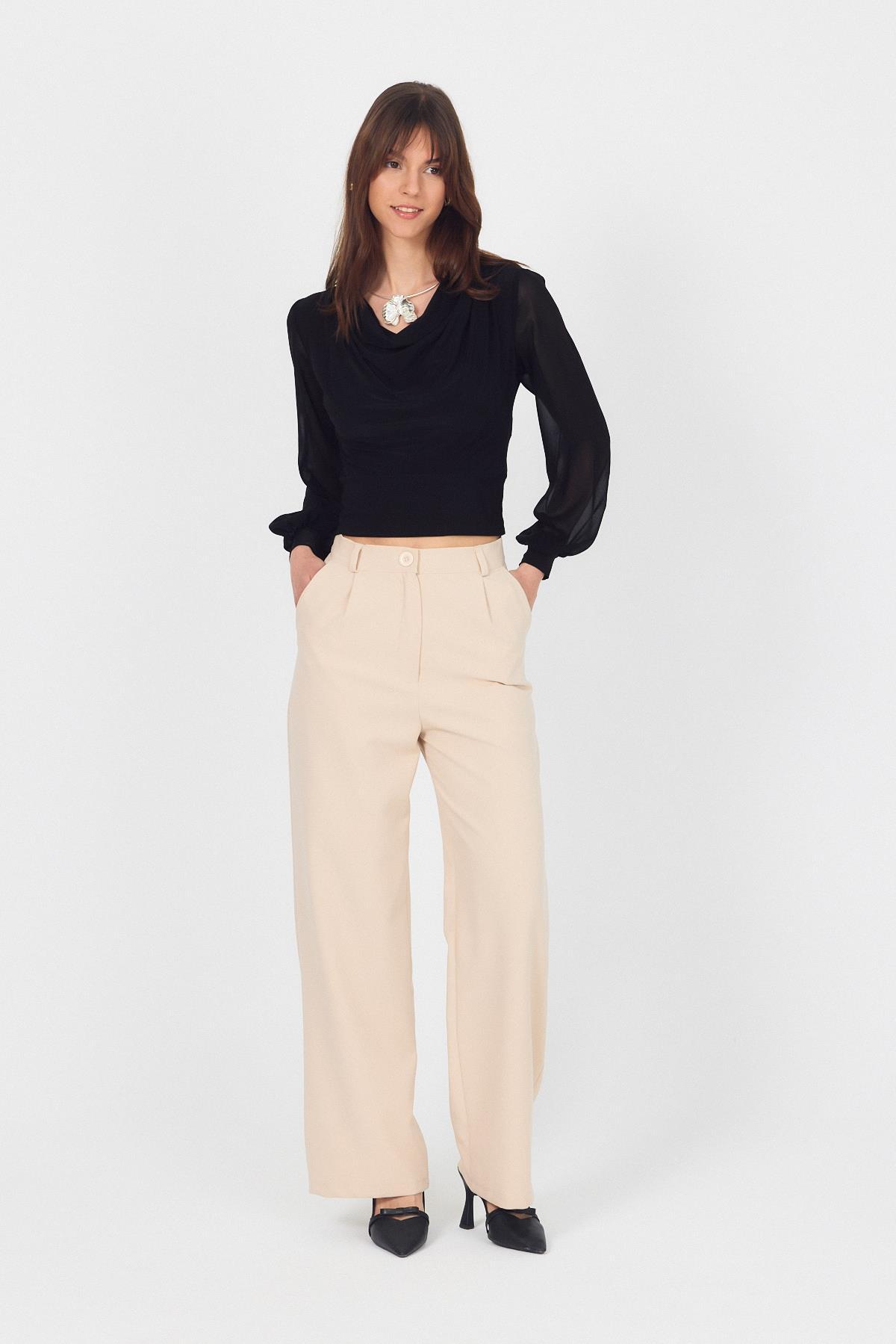 Siyah Drapeli Tül Kol Detaylı Bluz 9474 - 7