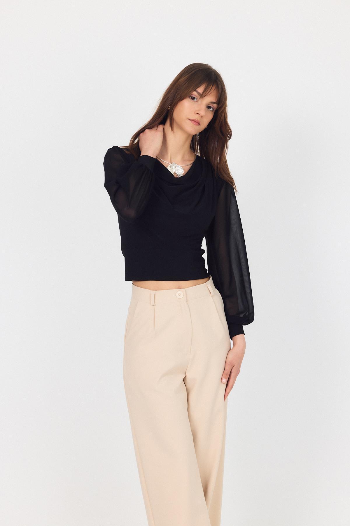 Siyah Drapeli Tül Kol Detaylı Bluz 9474 - 8