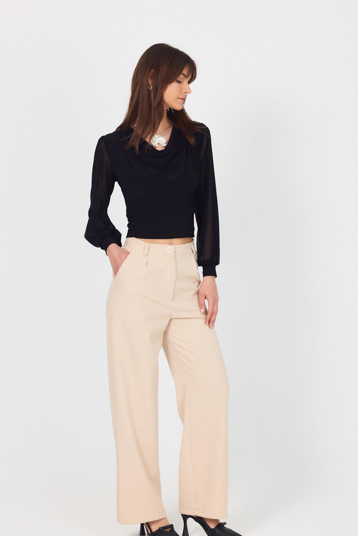 Siyah Drapeli Tül Kol Detaylı Bluz 9474 - 6