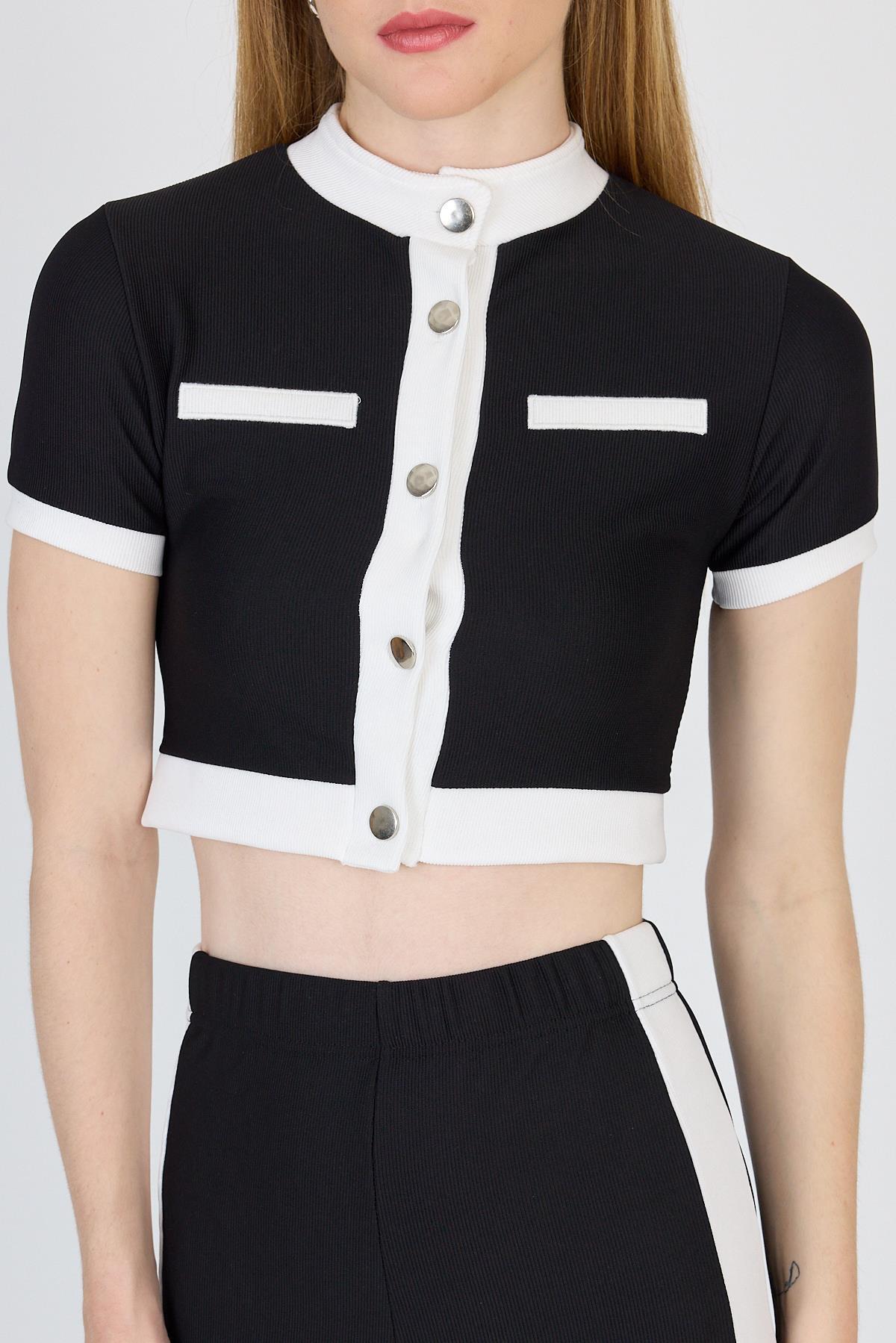 Siyah Düğmeli Crop Bluz & Şeritli Palazzo Pantolon Takım 2214 - 3