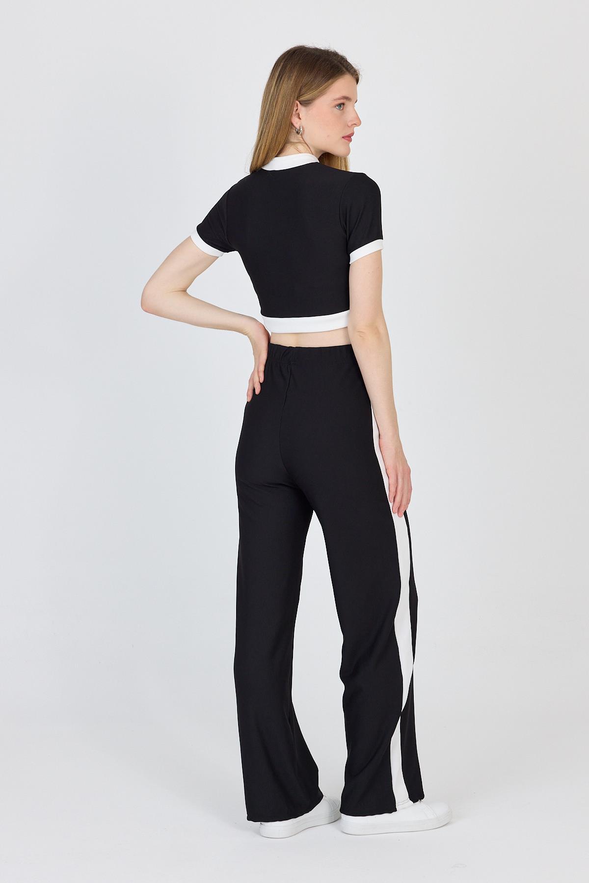 Siyah Düğmeli Crop Bluz & Şeritli Palazzo Pantolon Takım 2214 - 5