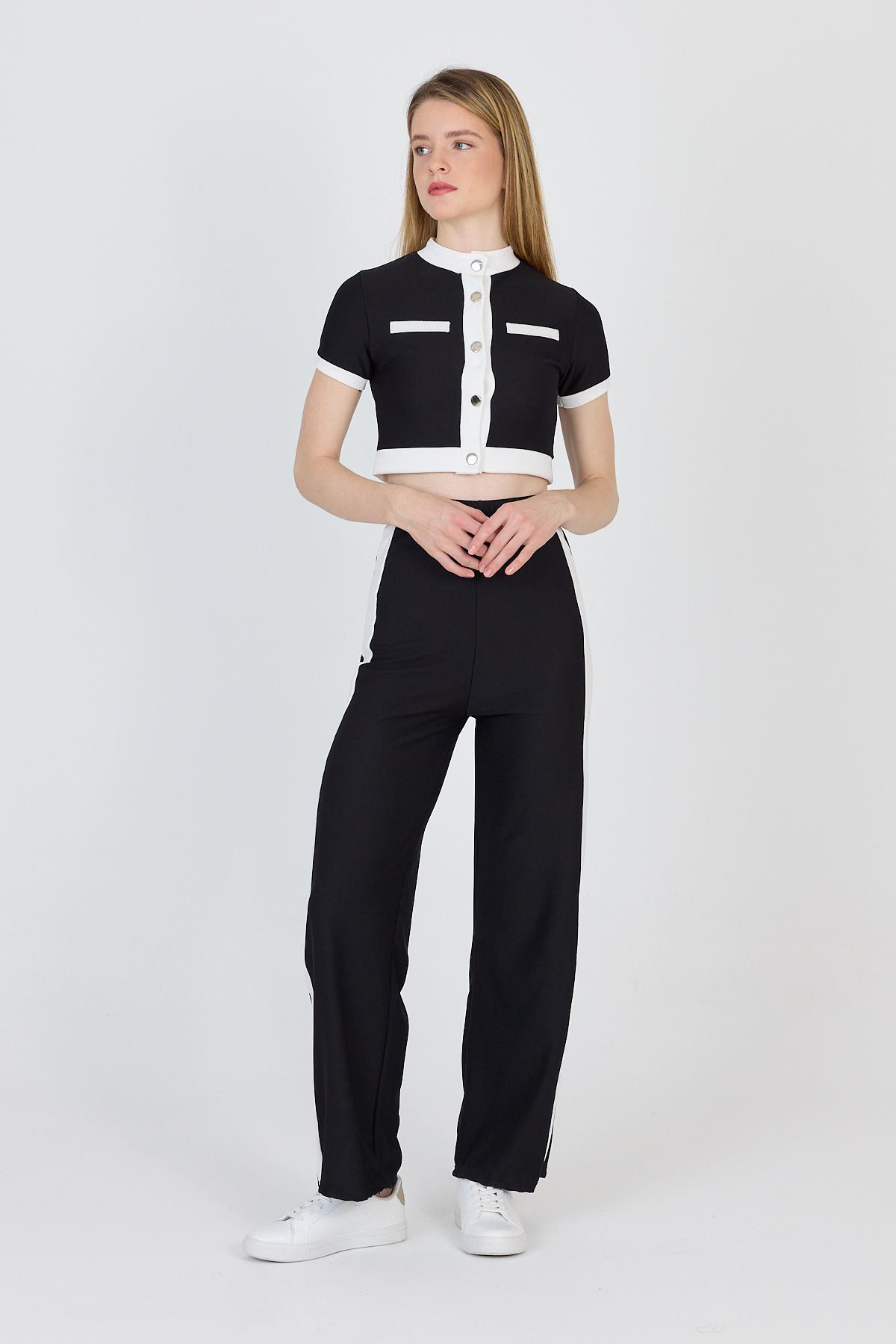 Siyah Düğmeli Crop Bluz & Şeritli Palazzo Pantolon Takım 2214 - 2