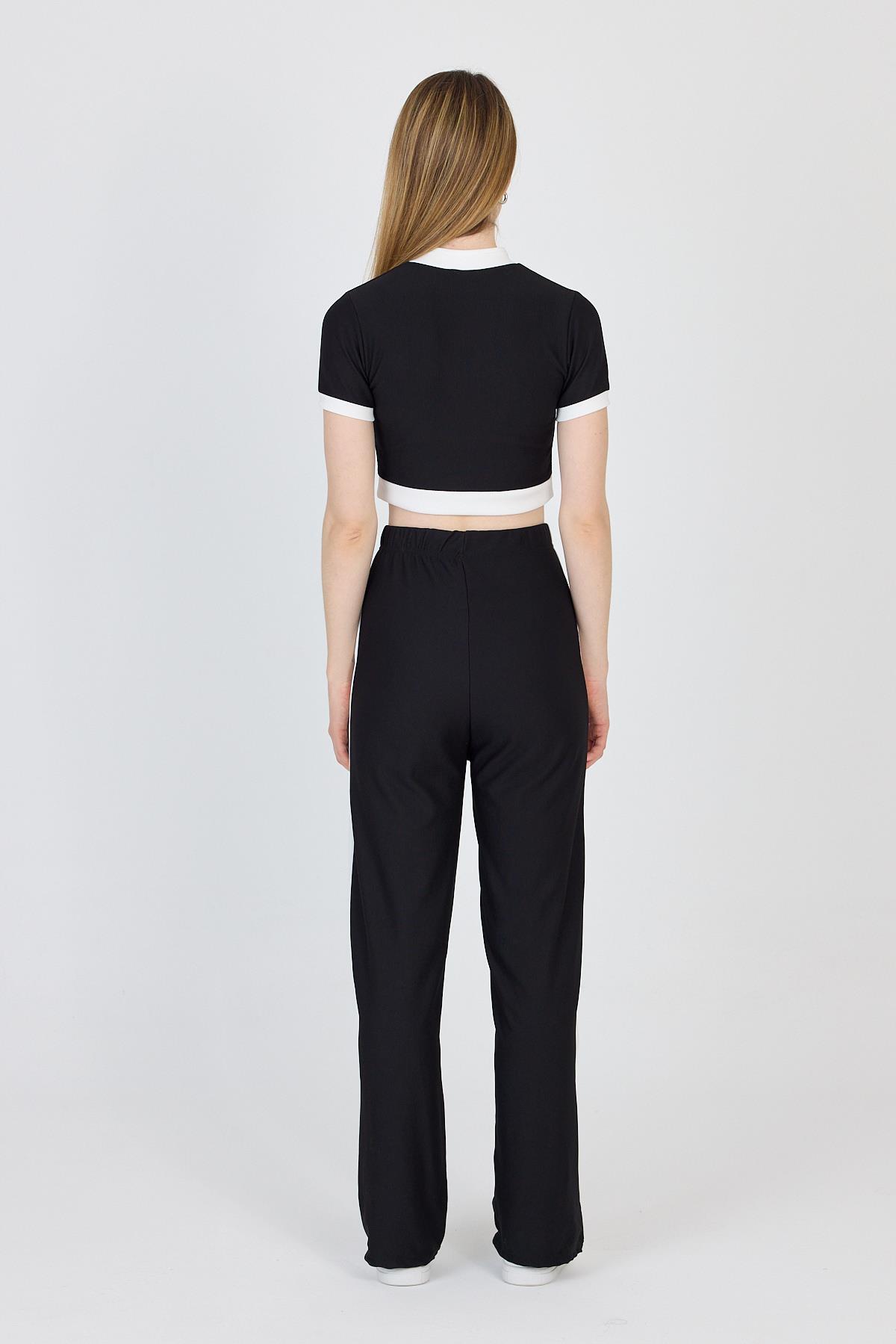 Siyah Düğmeli Crop Bluz & Şeritli Palazzo Pantolon Takım 2214 - 4