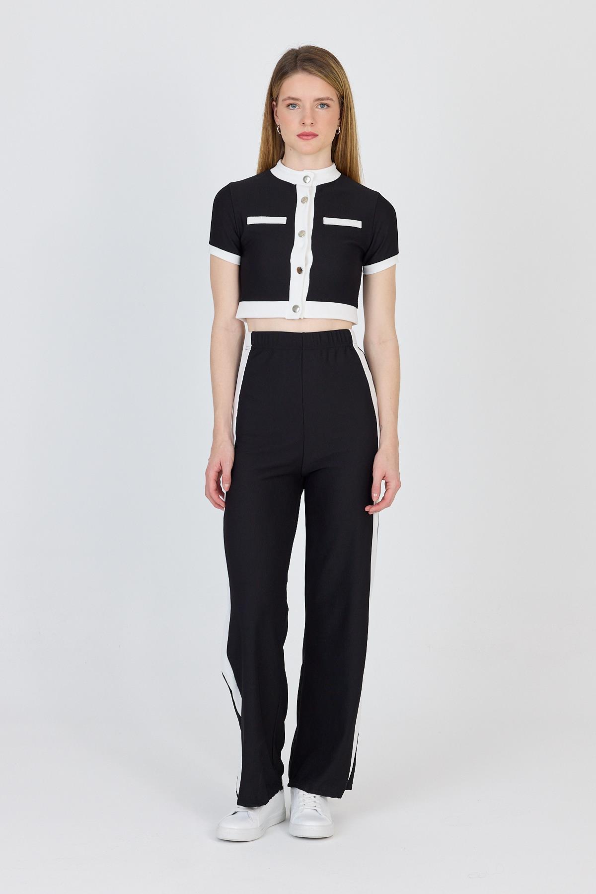 Siyah Düğmeli Crop Bluz & Şeritli Palazzo Pantolon Takım 2214 