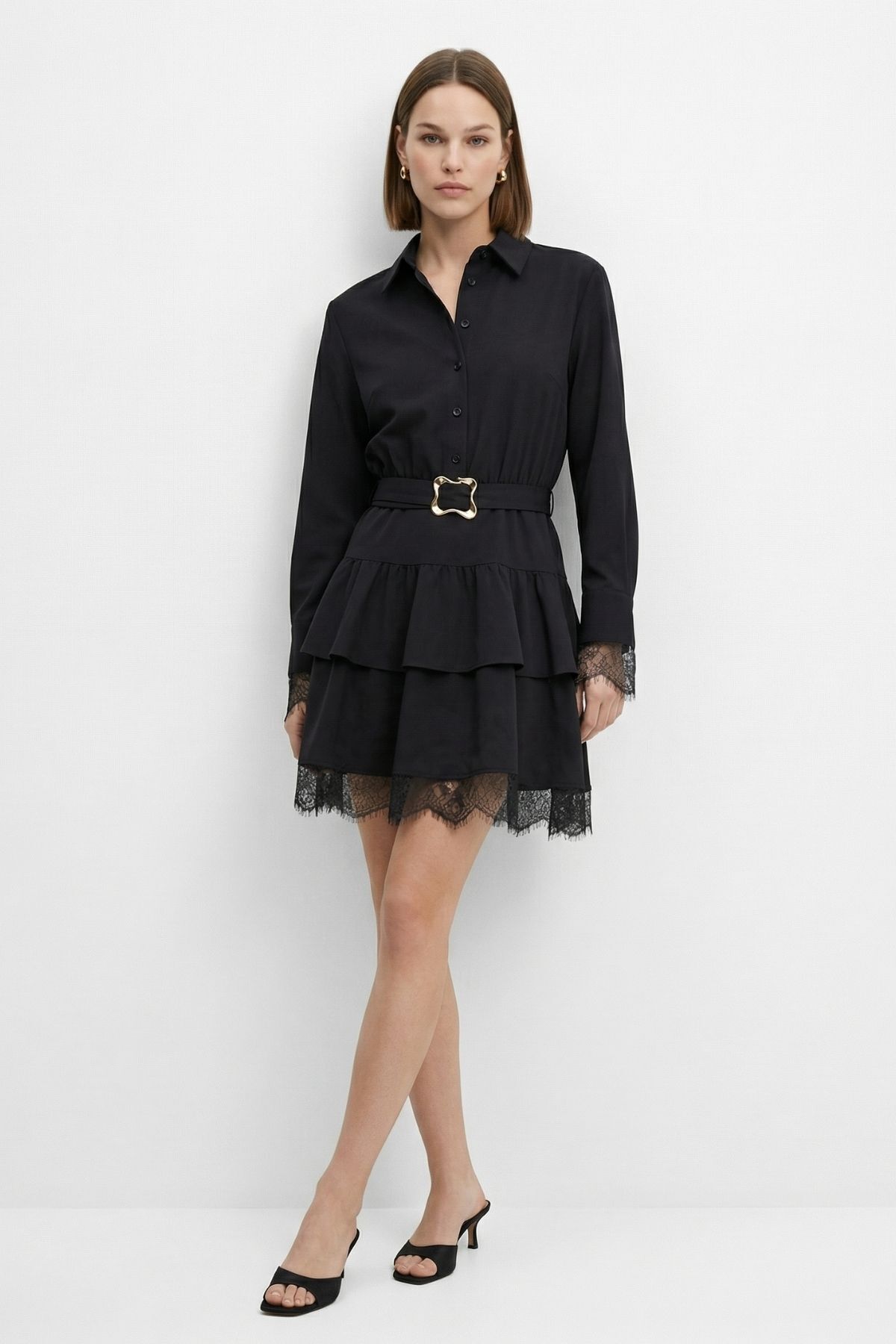 Siyah Düğmeli Kat Kat Elbise 2817 - RAYS