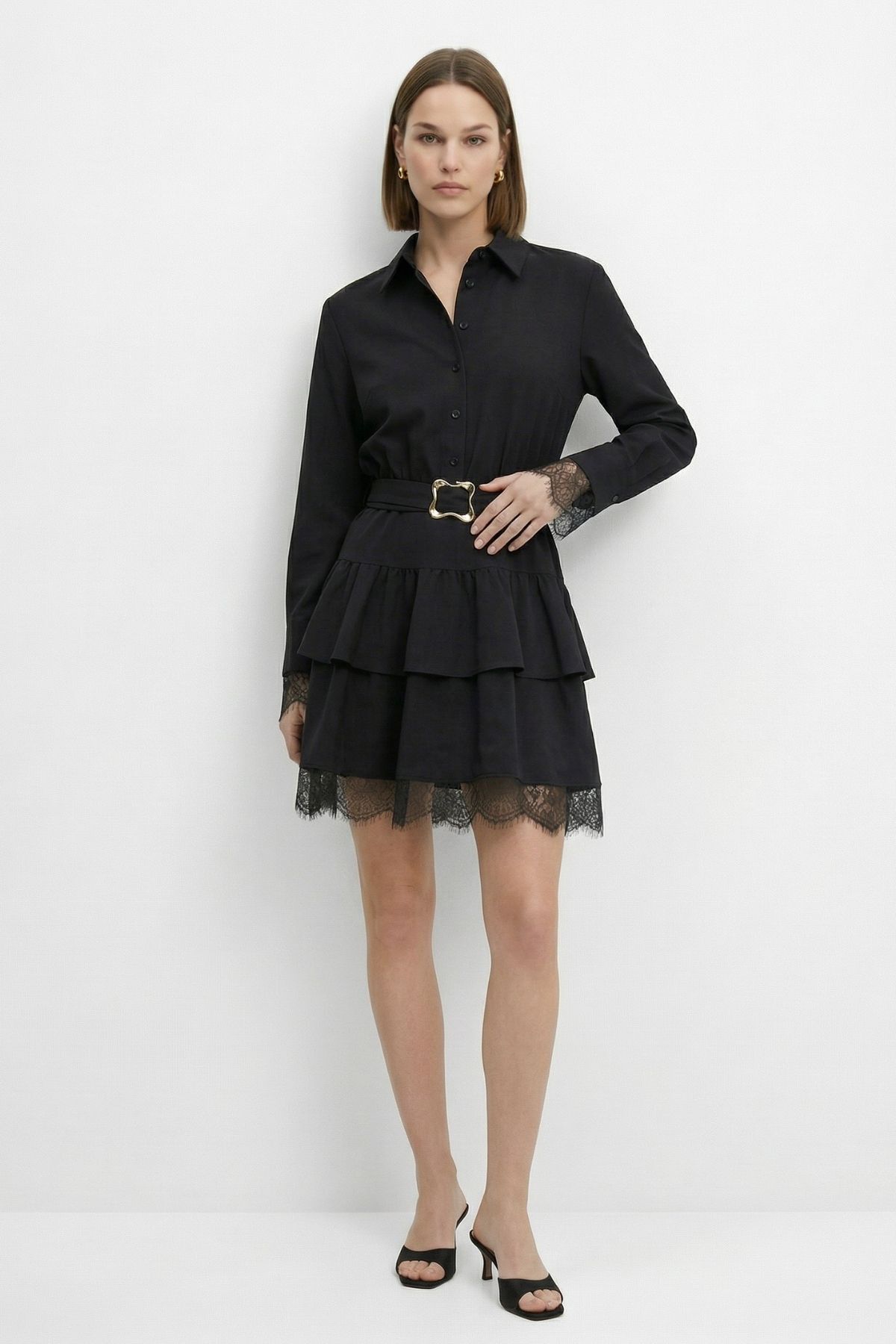 Siyah Düğmeli Kat Kat Elbise 2817 - 3