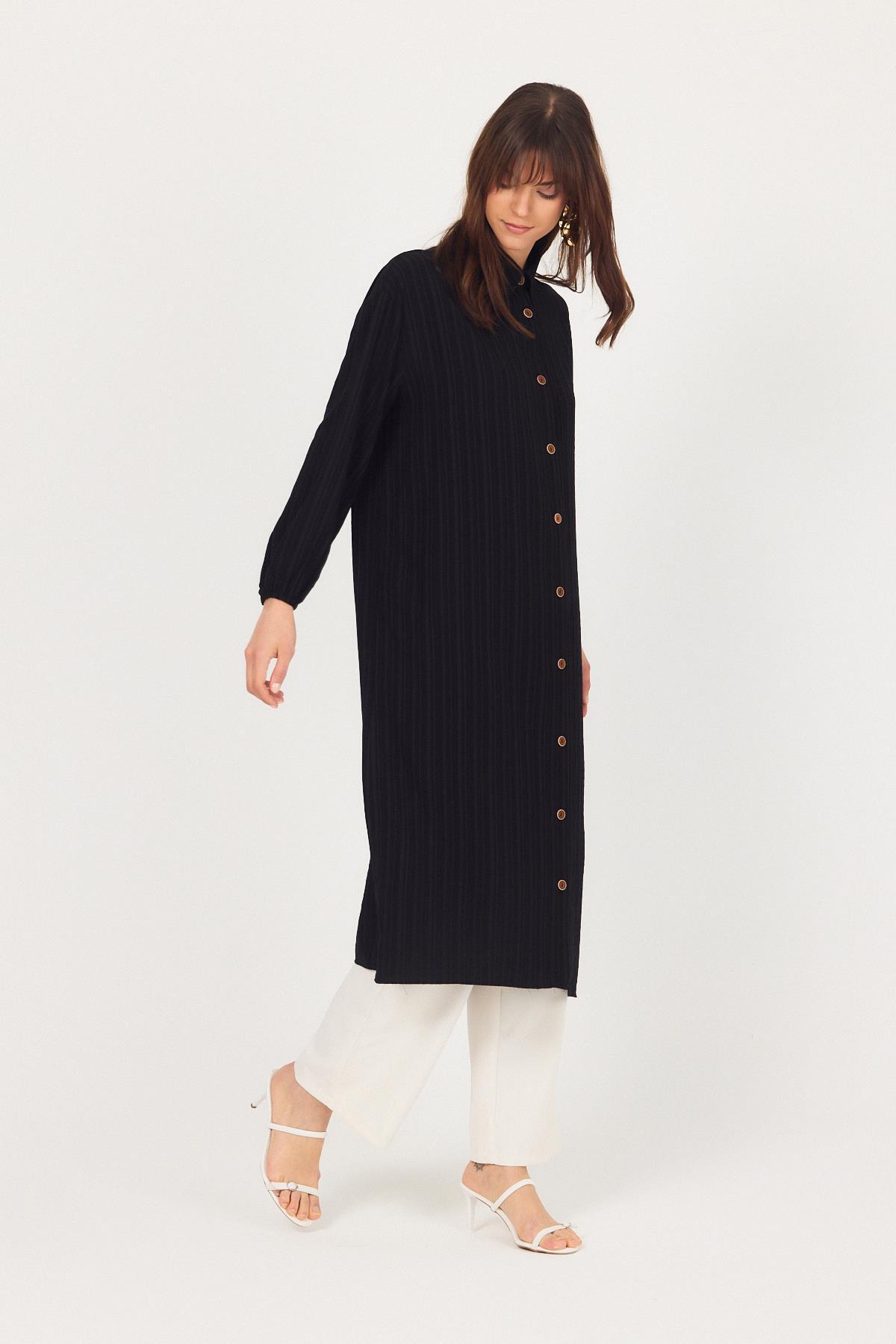 Siyah Düğmeli Kol Lastikli Uzun Tunik 4507A - 8