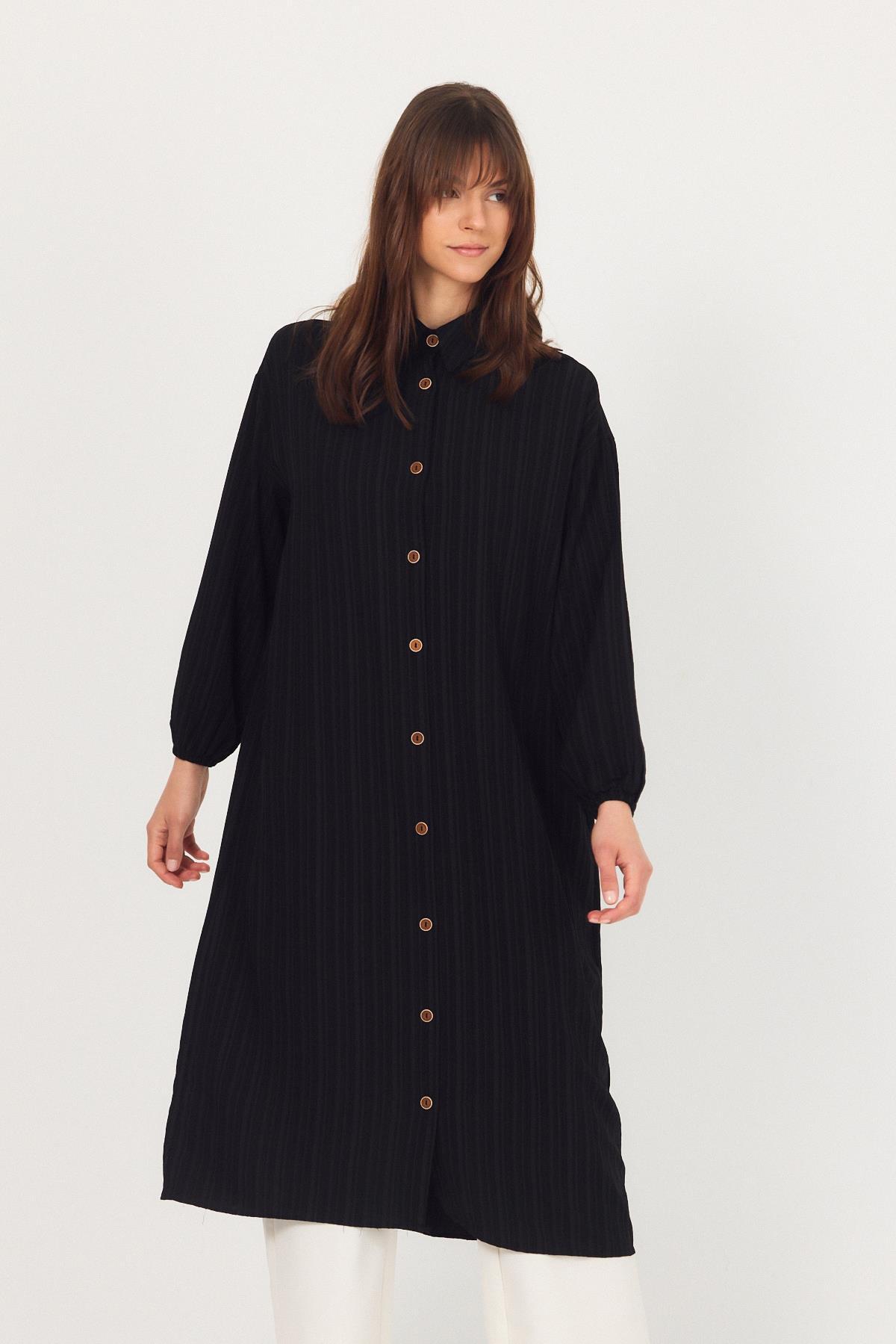 Siyah Düğmeli Kol Lastikli Uzun Tunik 4507A - 3