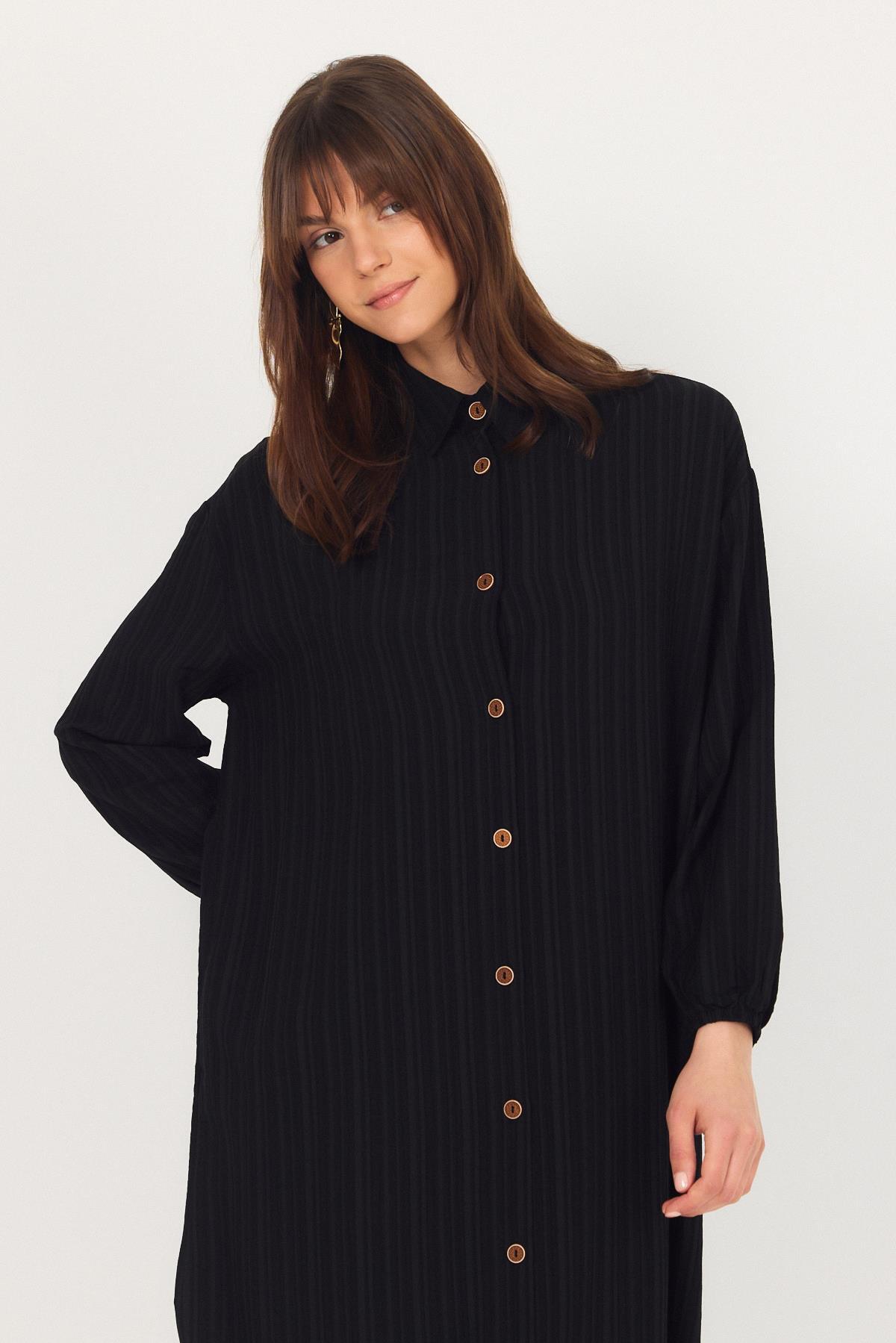 Siyah Düğmeli Kol Lastikli Uzun Tunik 4507A - 4