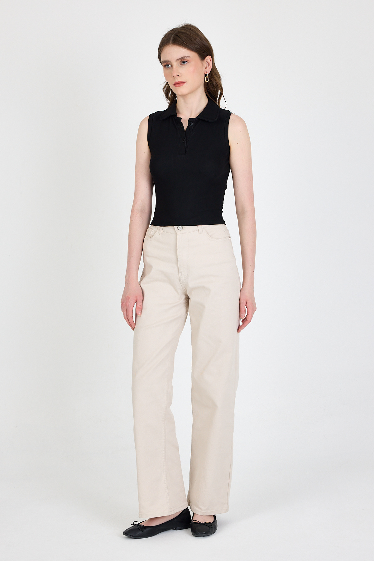 Siyah Düğmeli Polo Yaka Sıfır Kol Örme Bluz 2219 - 3