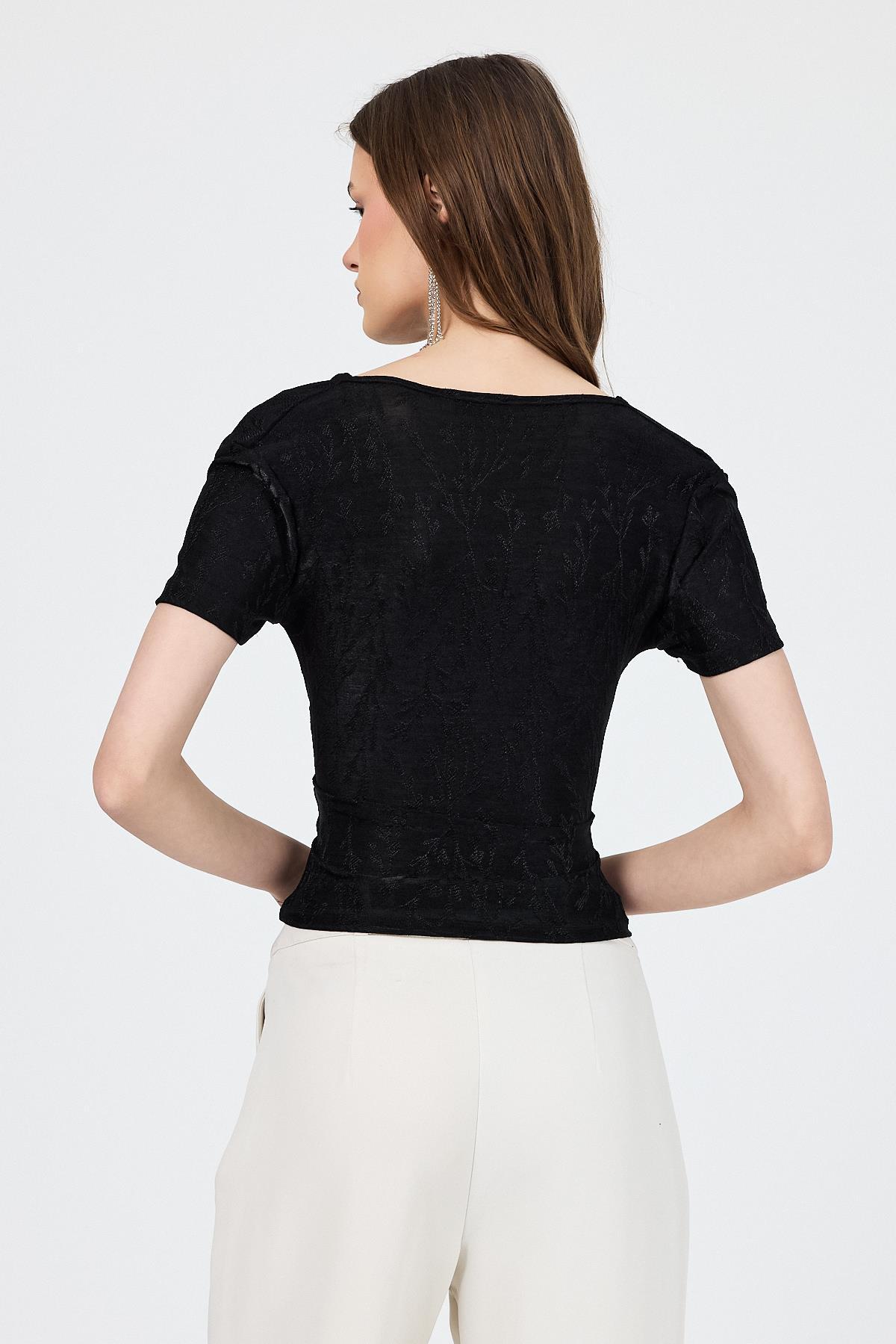 Siyah Düşük Omuz Büzgü Detaylı Bluz 13325 - 5
