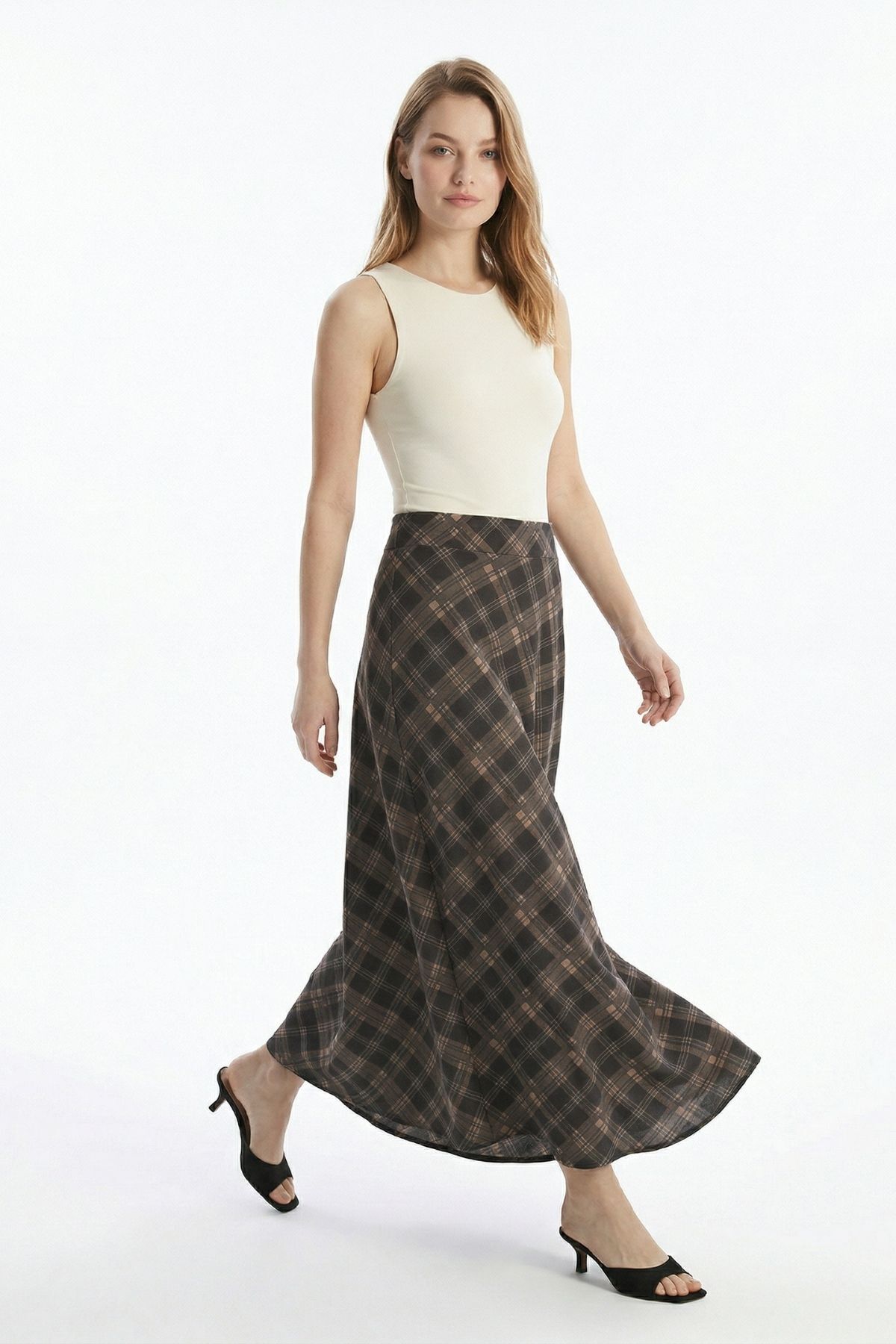 Siyah Ekose Desen Bel Lastikli Etek 3507-1 - 1