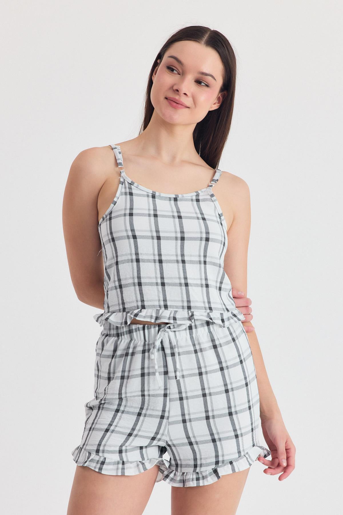 Siyah Ekose Desenli Fırfır Detaylı Şortlu Takım 4452 - 1