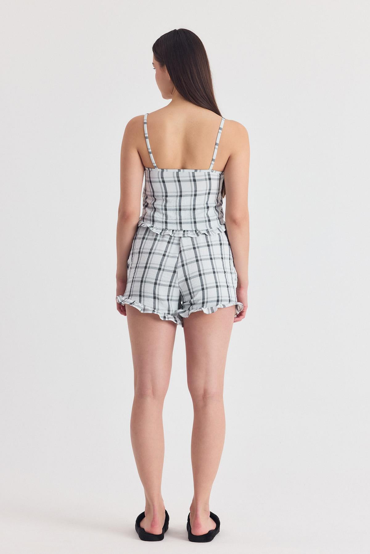 Siyah Ekose Desenli Fırfır Detaylı Şortlu Takım 4452 - 5