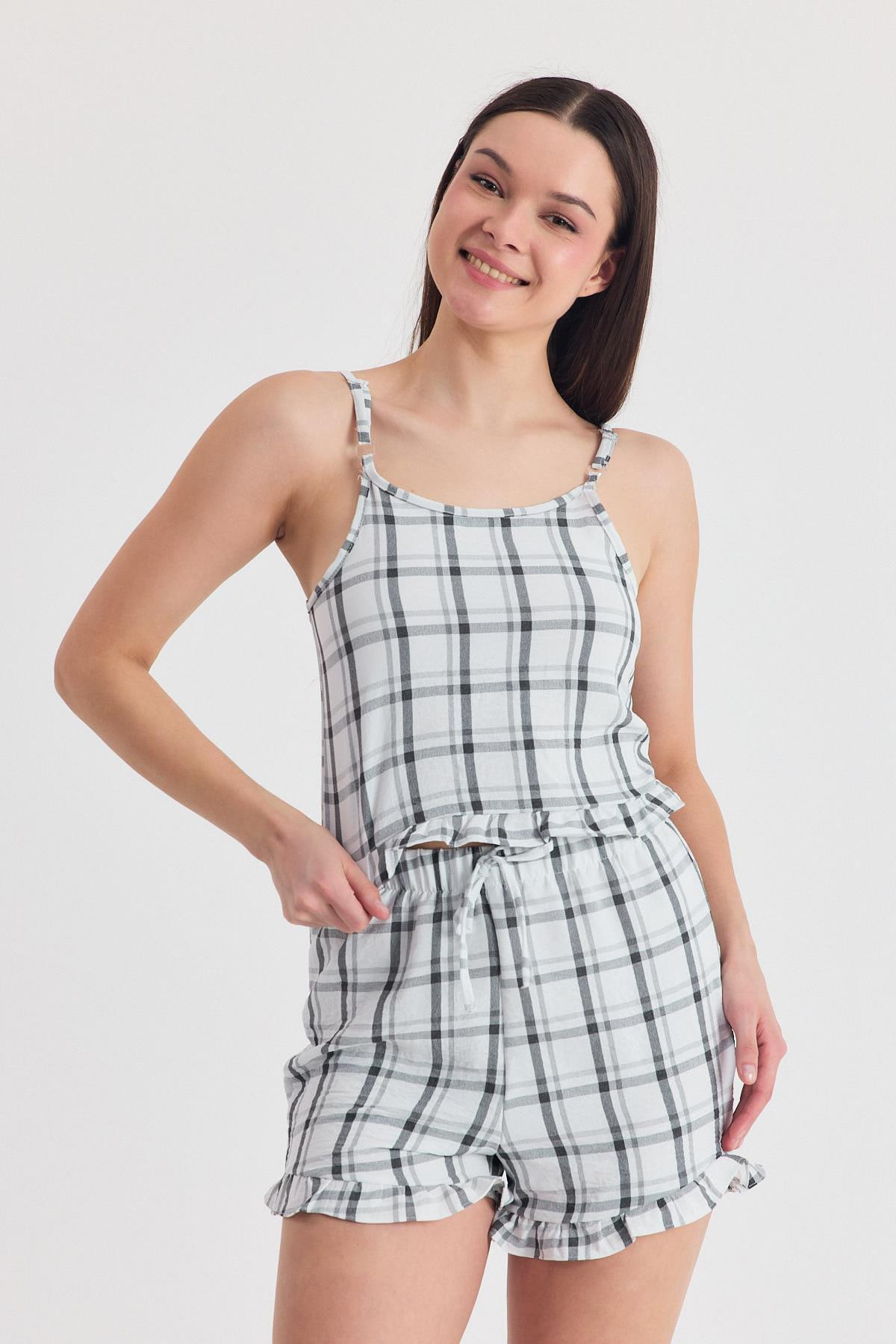 Siyah Ekose Desenli Fırfır Detaylı Şortlu Takım 4452 - 7