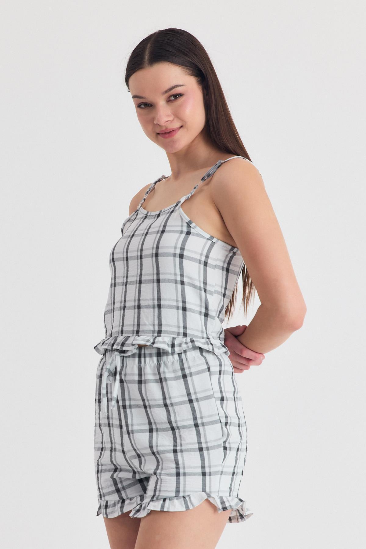 Siyah Ekose Desenli Fırfır Detaylı Şortlu Takım 4452 - 6