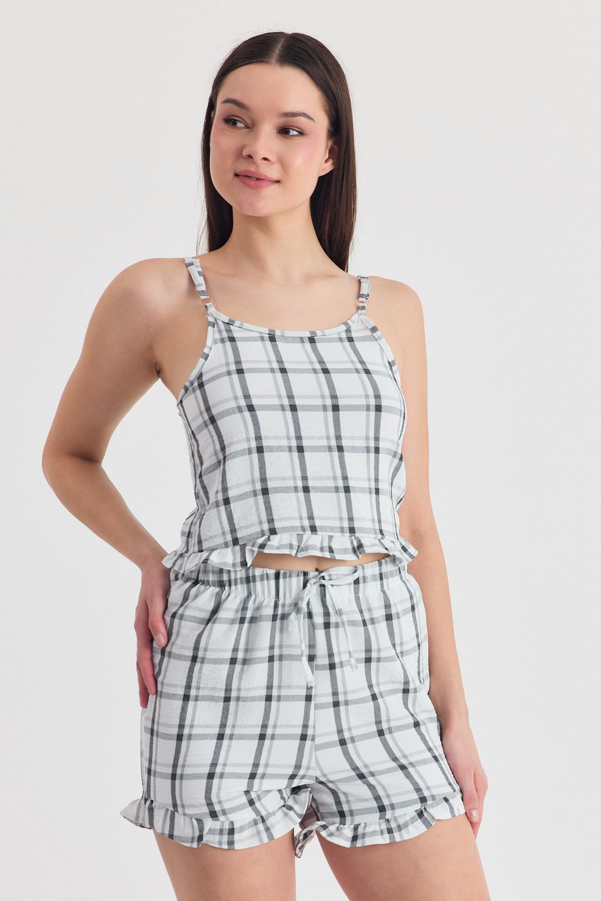 Siyah Ekose Desenli Fırfır Detaylı Şortlu Takım 4452 - 3