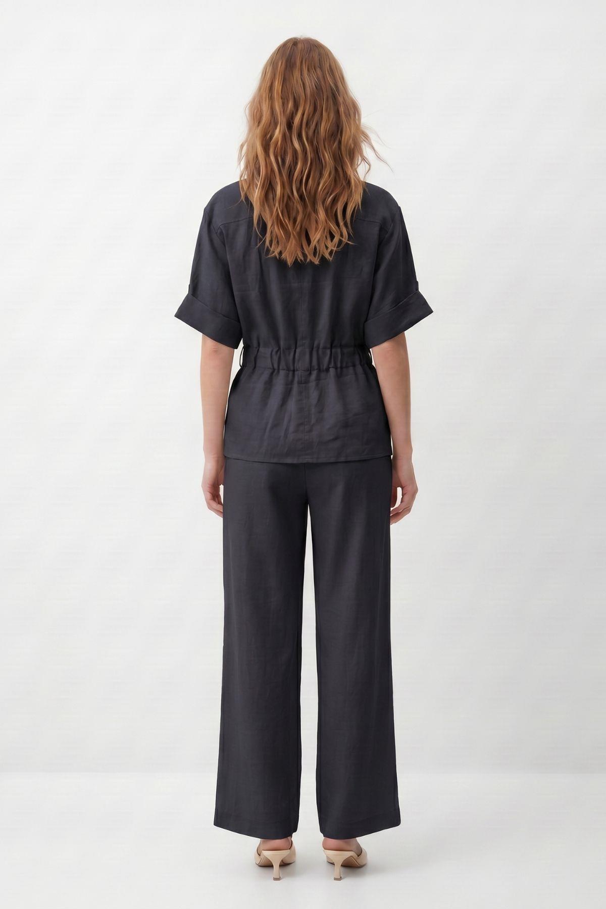 Fermuarlı Cepli Bel Büzgülü Gömlek Pantolon Takım 0355 Siyah - RAYS
