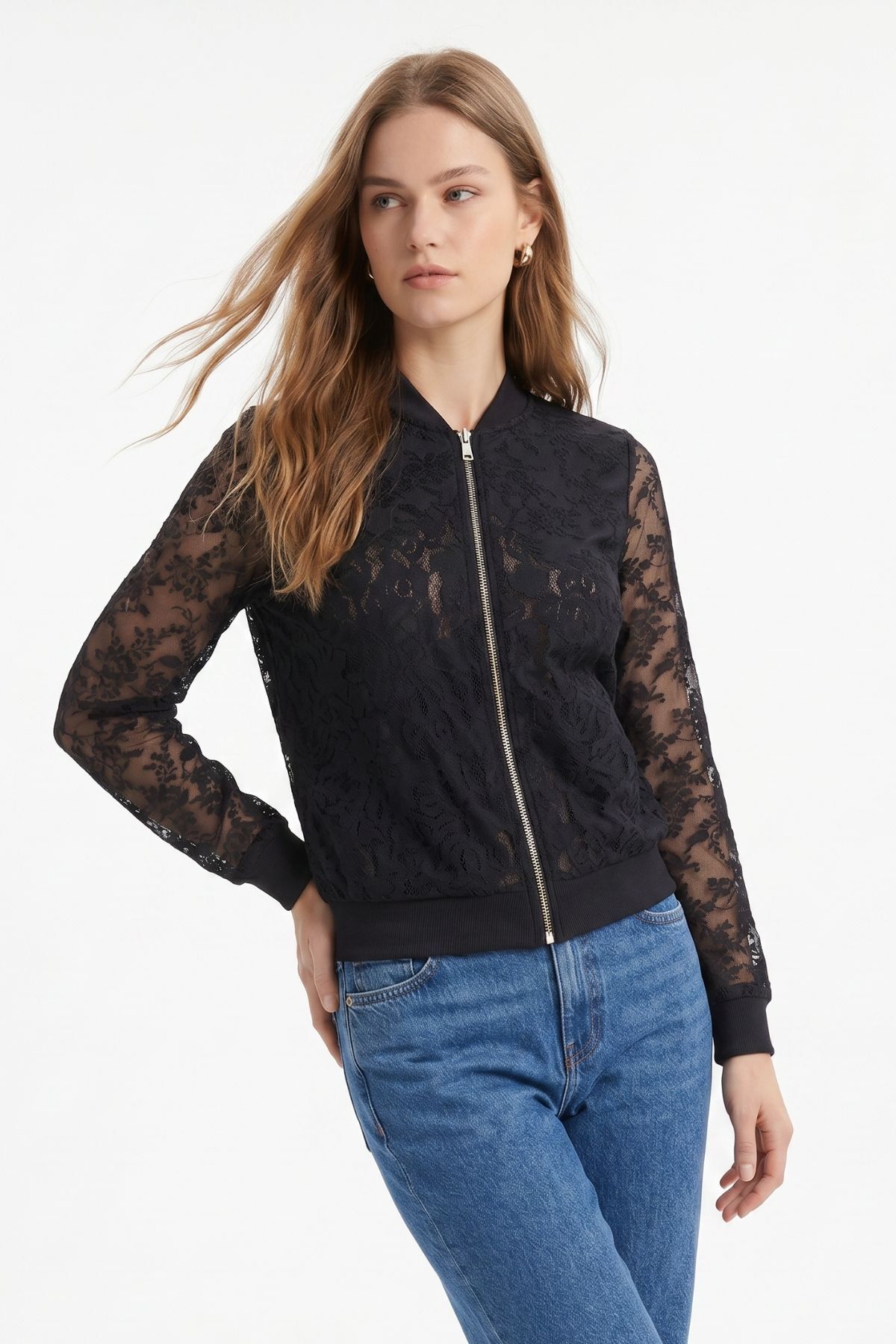 Siyah Fermuarlı Dantelli Ceket 23009 - RAYS