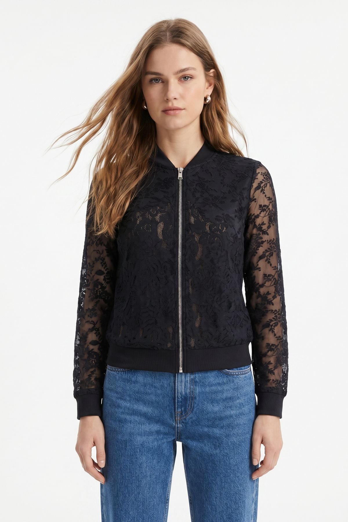 Siyah Fermuarlı Dantelli Ceket 23009 - RAYS (1)