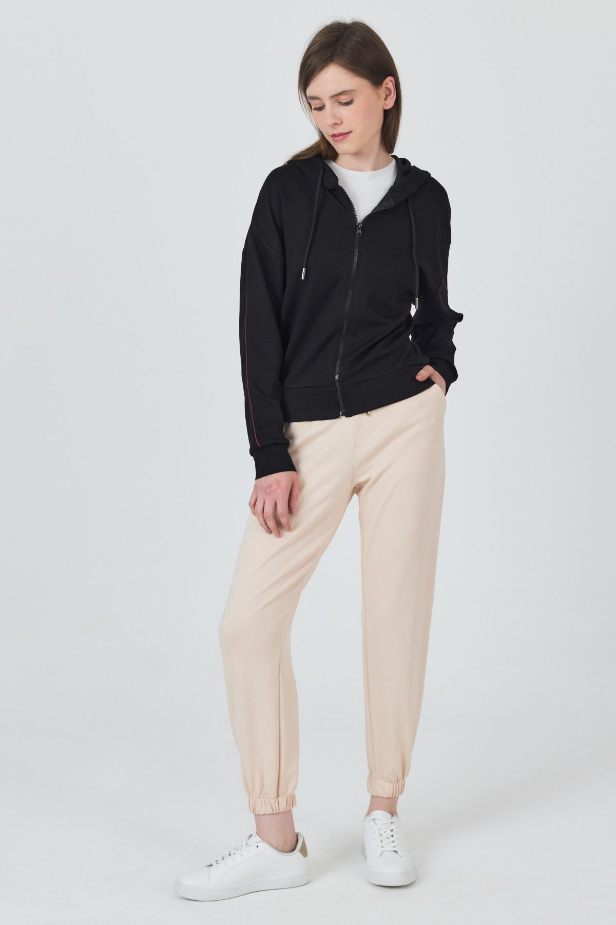 Siyah Fermuarlı Kapüşonlu Şerit Detaylı Sweatshirt 3045 - RAYS