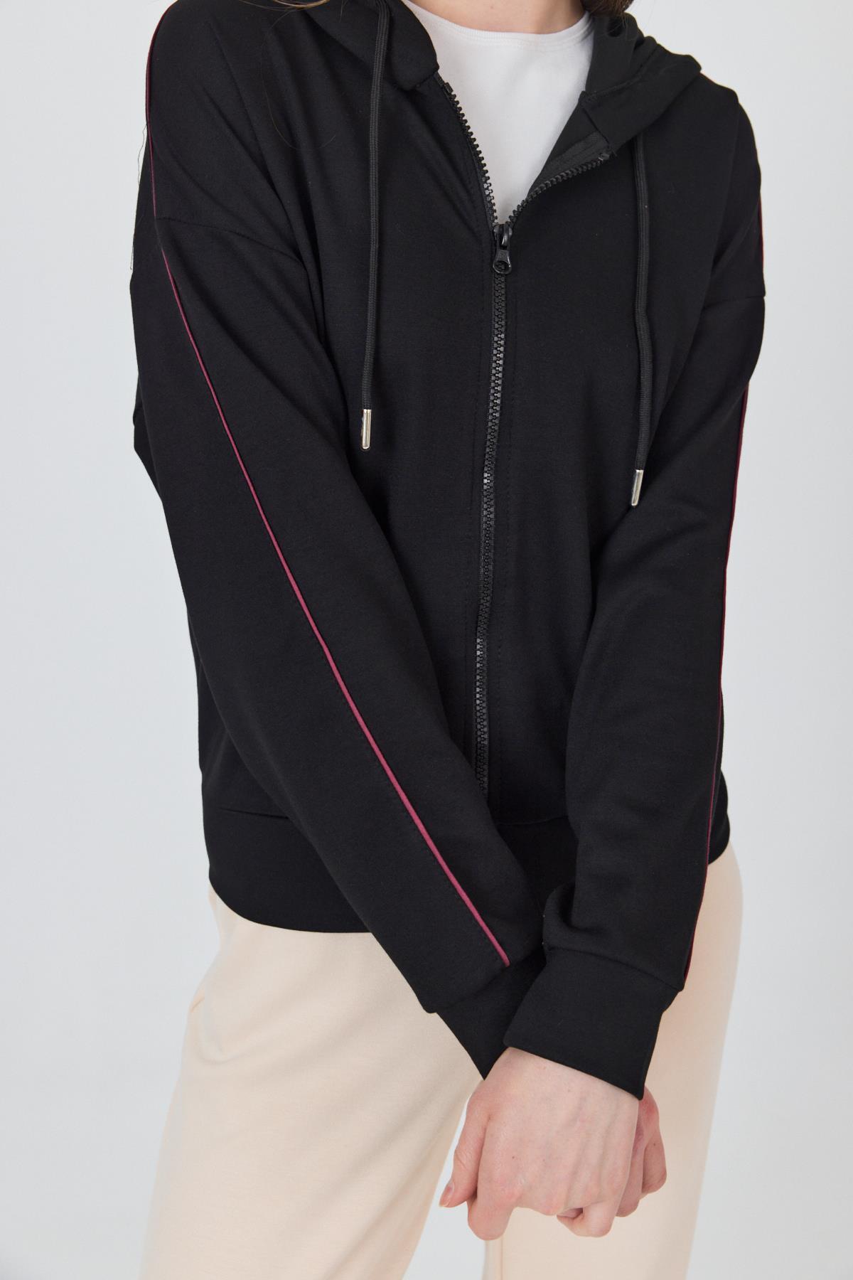 Siyah Fermuarlı Kapüşonlu Şerit Detaylı Sweatshirt 3045 - 4