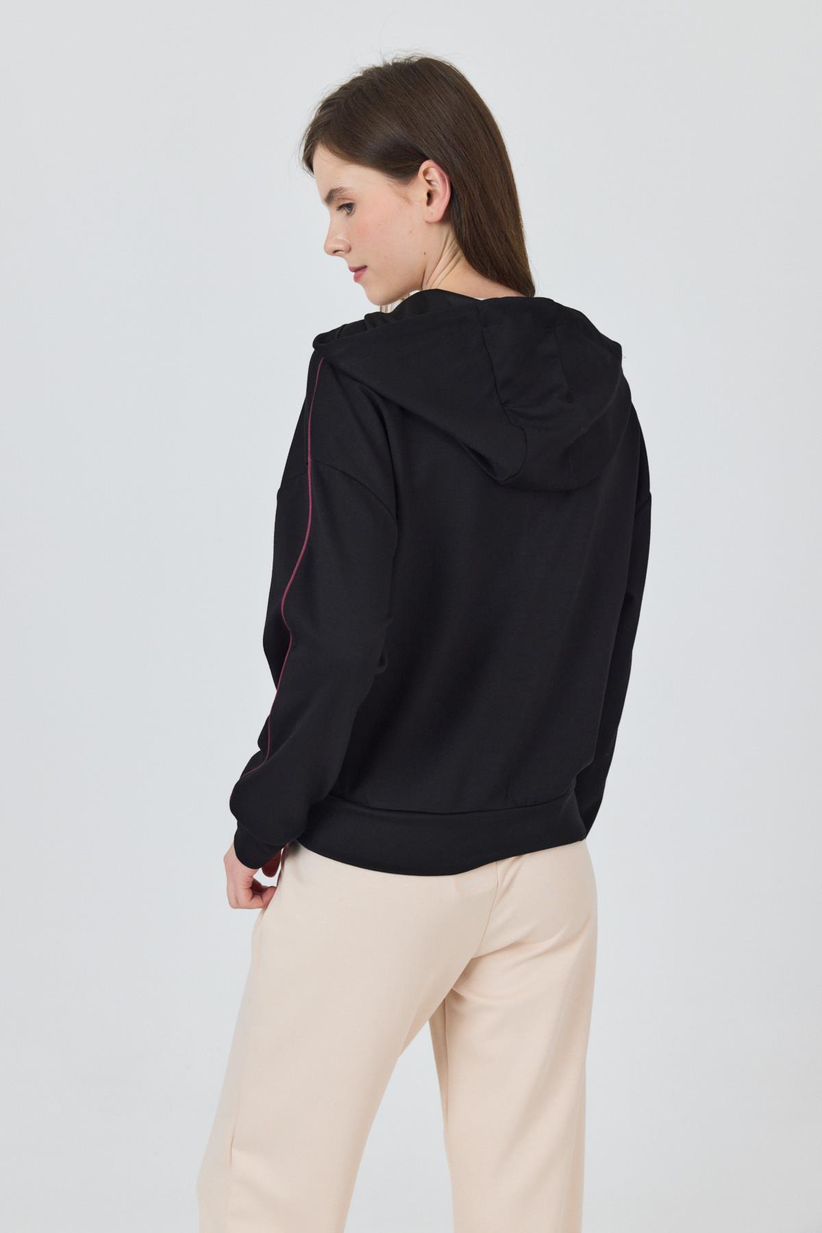 Siyah Fermuarlı Kapüşonlu Şerit Detaylı Sweatshirt 3045 - 5