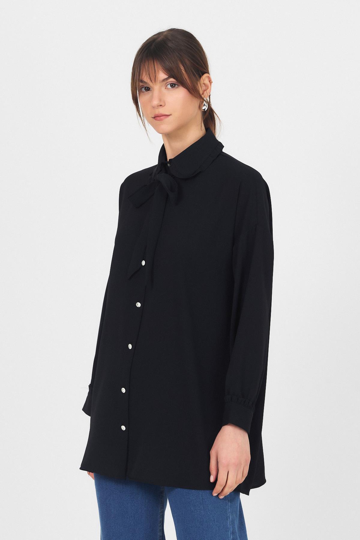 Siyah Fırfır Yaka Detaylı Bağlamalı Tunik 4586A - RAYS