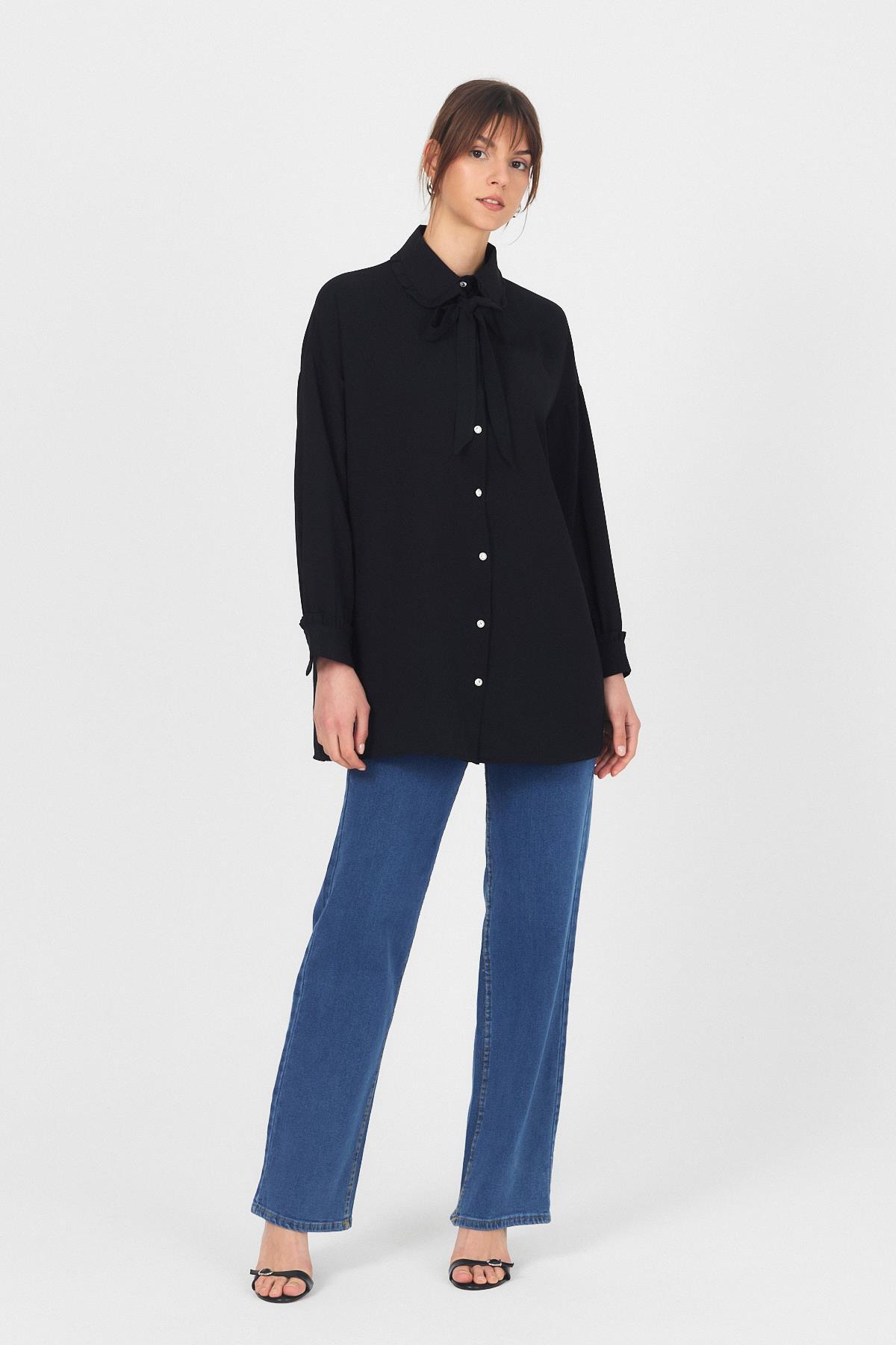 Siyah Fırfır Yaka Detaylı Bağlamalı Tunik 4586A - RAYS