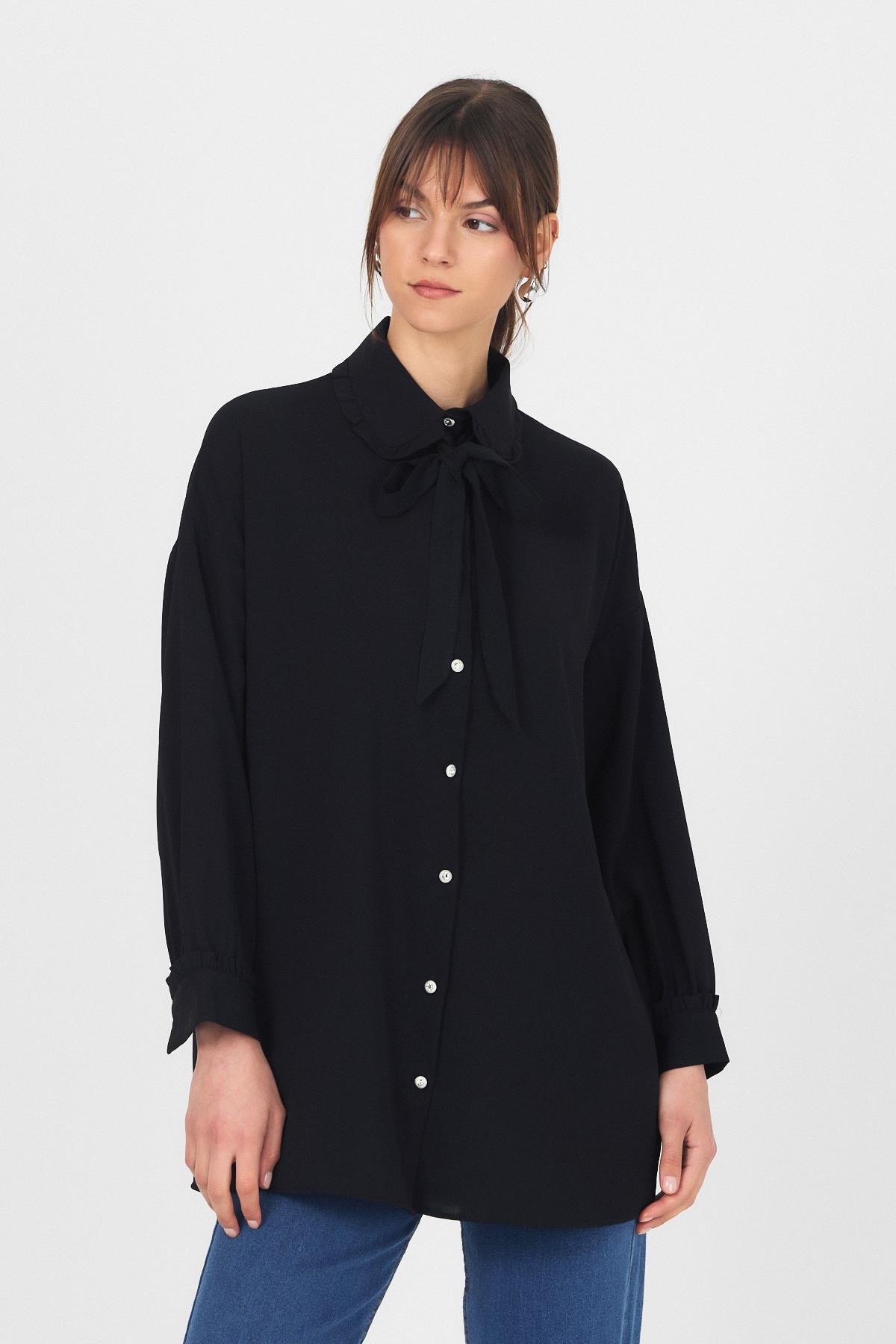 Siyah Fırfır Yaka Detaylı Bağlamalı Tunik 4586A - RAYS