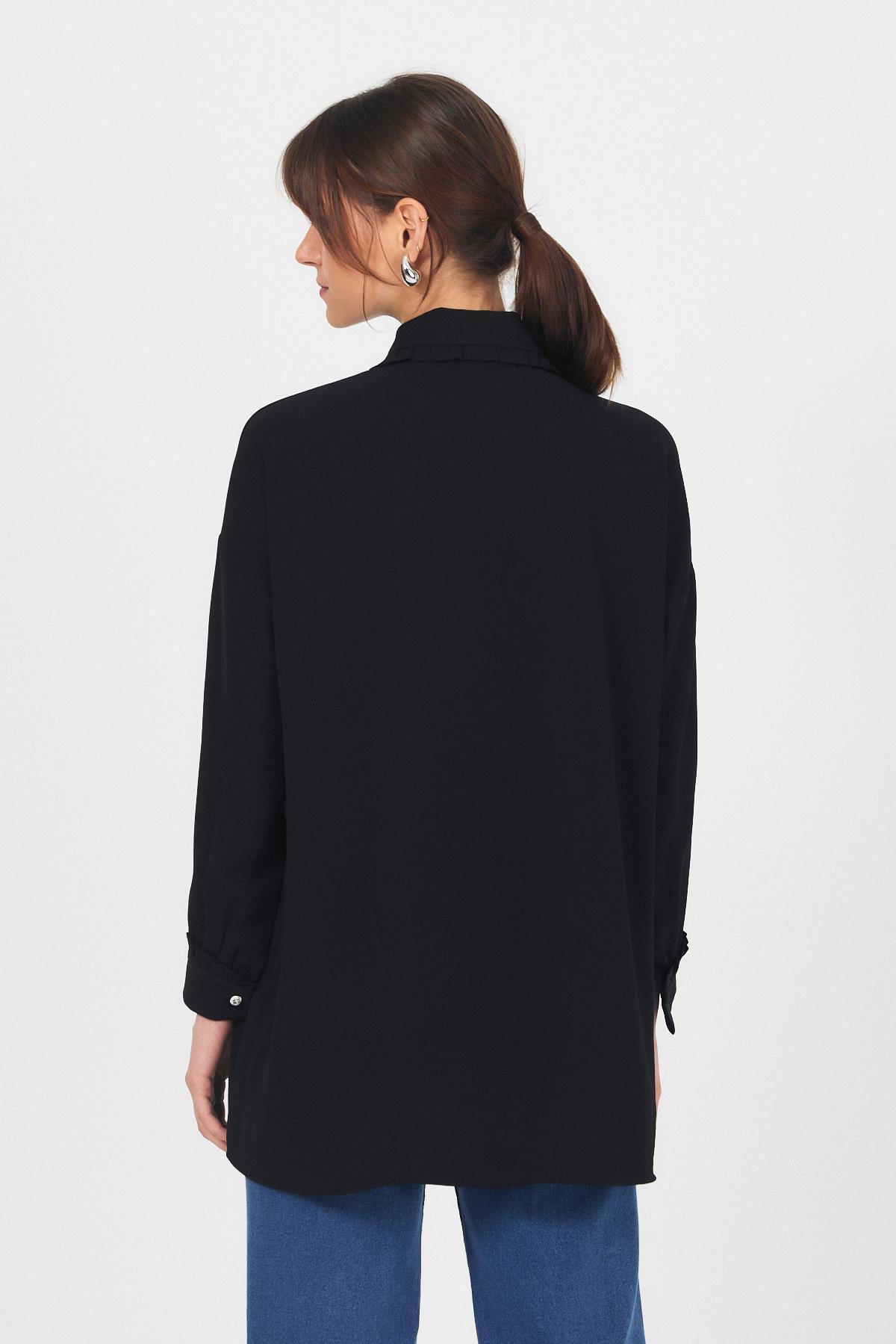 Siyah Fırfır Yaka Detaylı Bağlamalı Tunik 4586A - 5