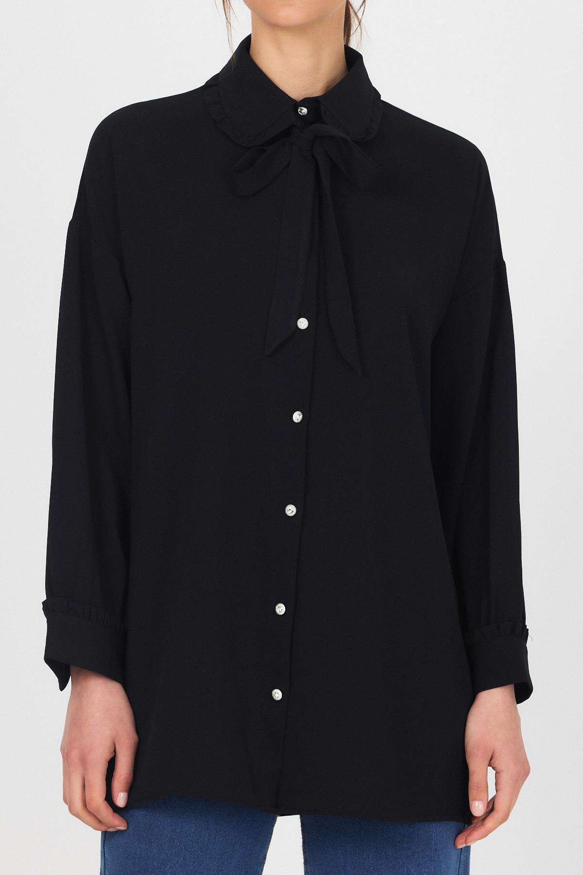 Siyah Fırfır Yaka Detaylı Bağlamalı Tunik 4586A - 8