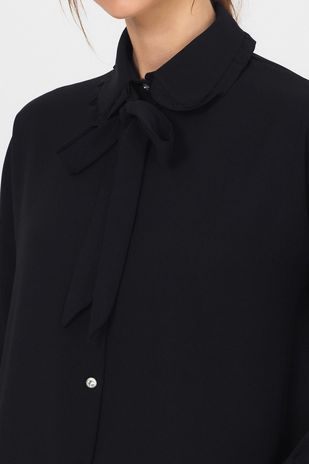 Siyah Fırfır Yaka Detaylı Bağlamalı Tunik 4586A - 4