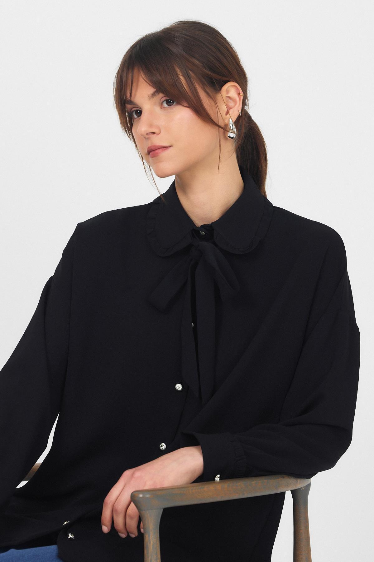 Siyah Fırfır Yaka Detaylı Bağlamalı Tunik 4586A - 6